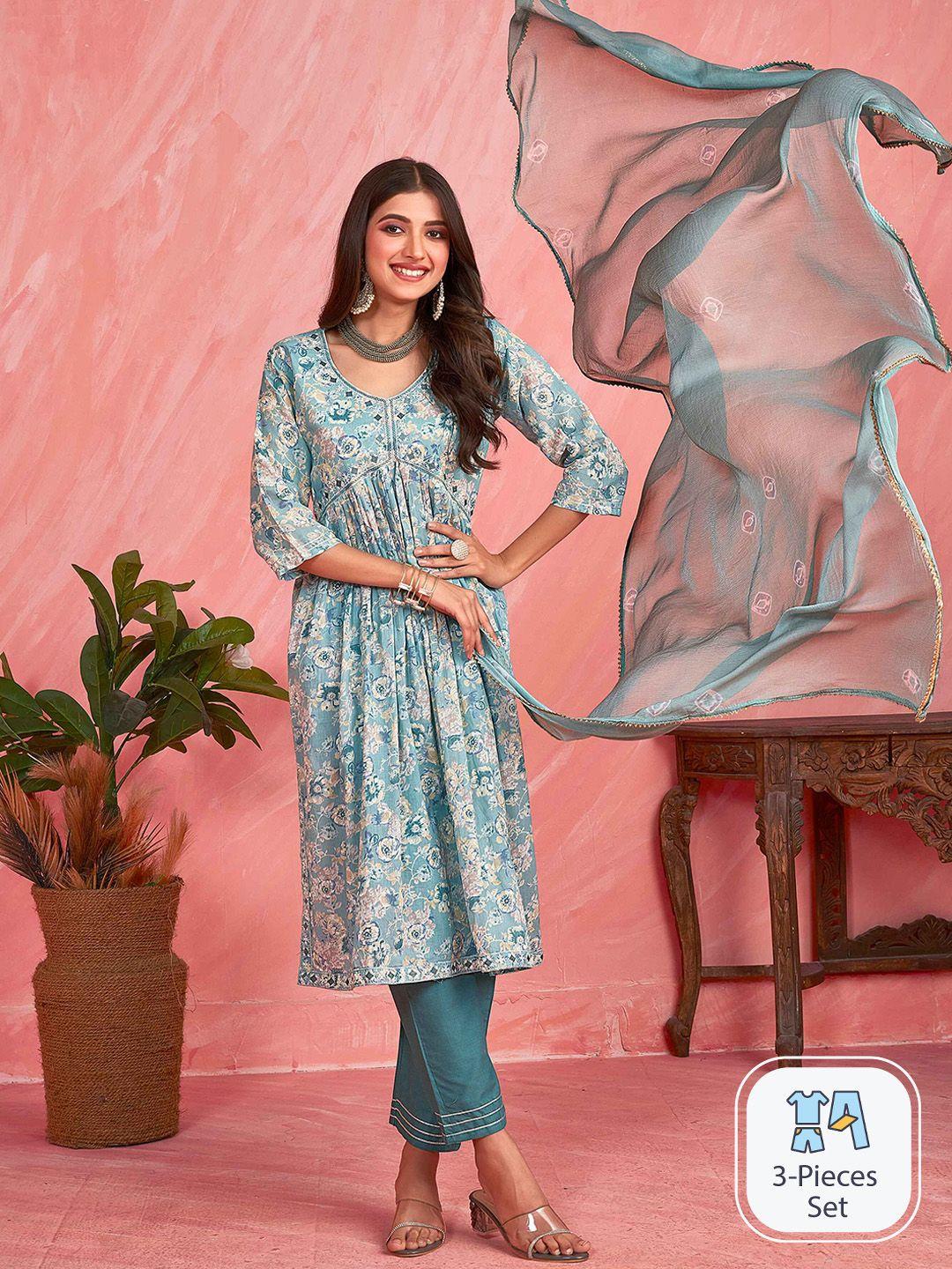 sangria grey floral printed thread work pure cotton a-line kurta with trouser & dupatta