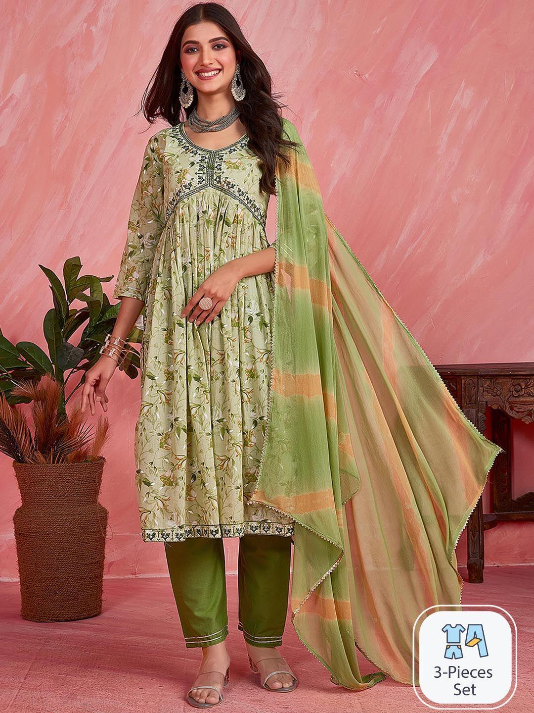 sangria floral printed thread work detail empire a-line kurta & trouser with dupatta