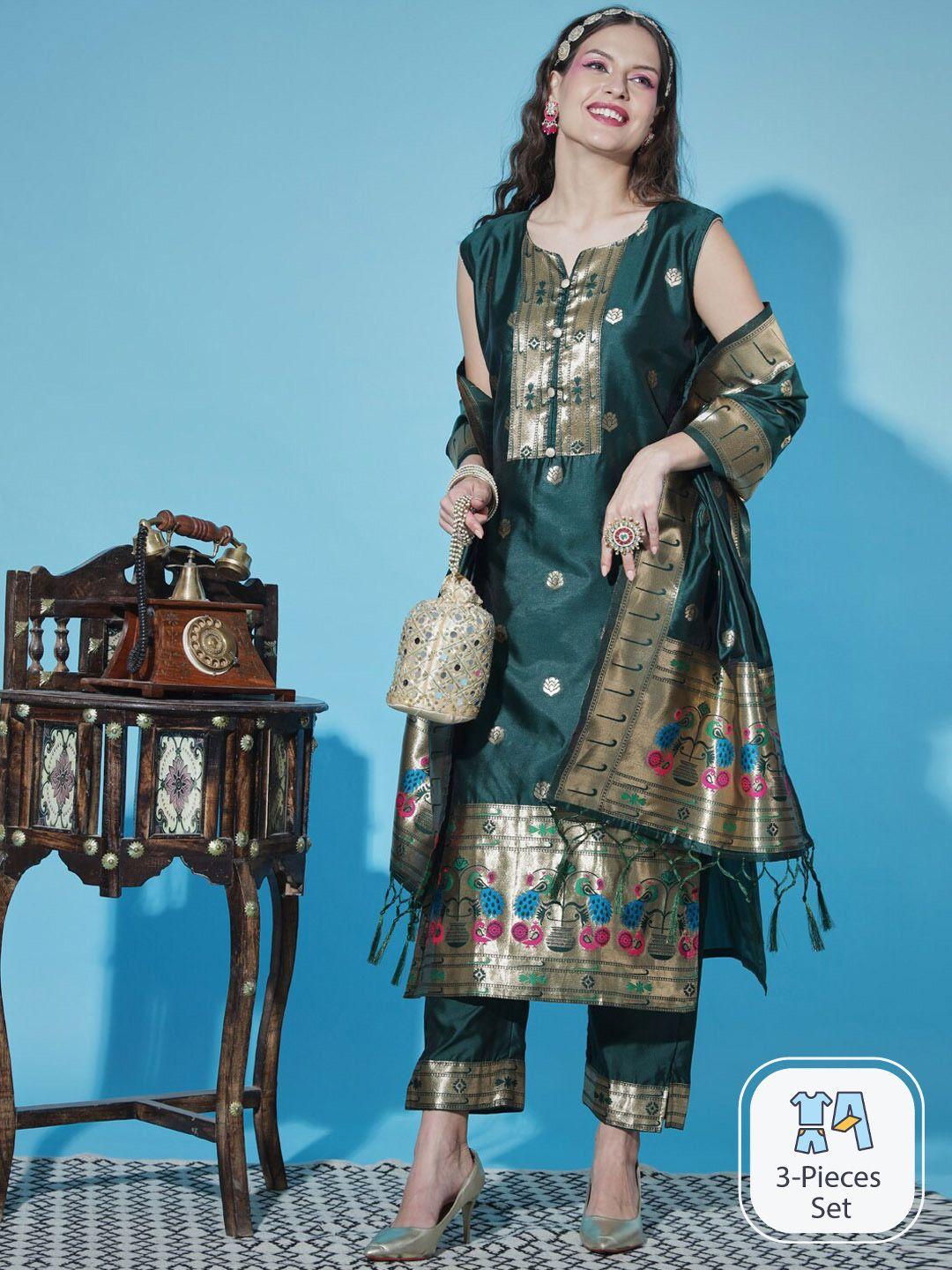 pptoss woven design zari regular kurta with trousers & dupatta