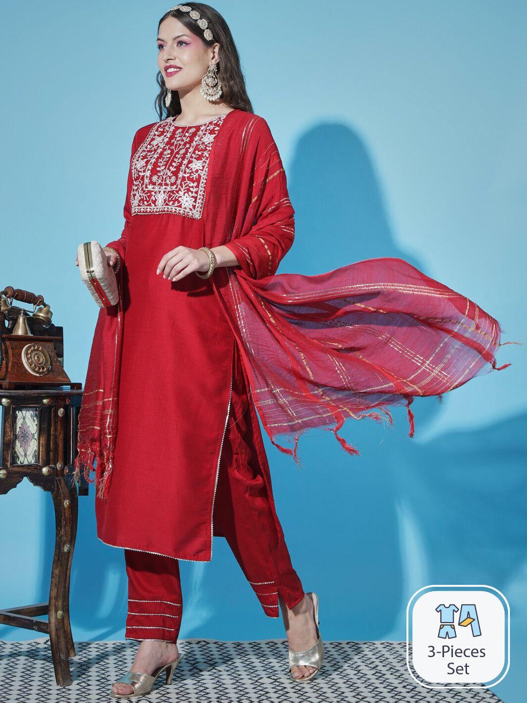 pptoss floral yoke design gotta patti straight kurta with trousers & dupatta