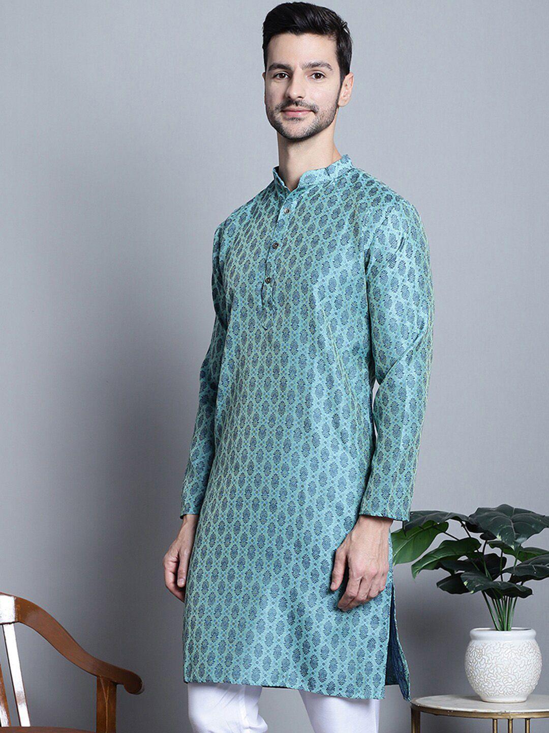 jompers ethnic motifs woven design band collar jacquard cotton silk kurta