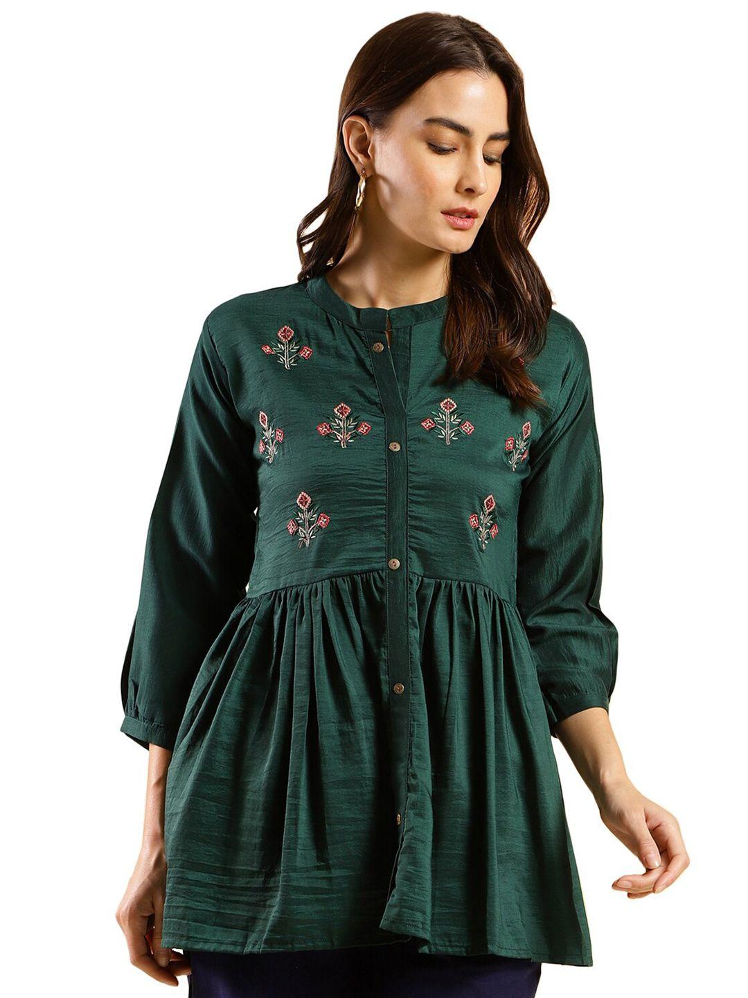 nimayaa floral embroidered chinon yoke mandarin collar top