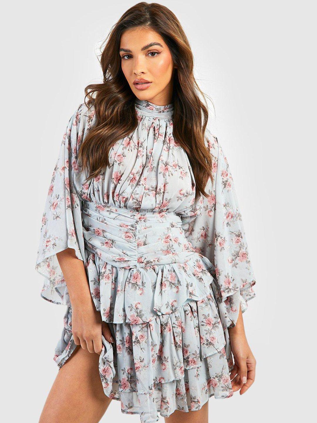 boohoo floral print layered a-line mini dress