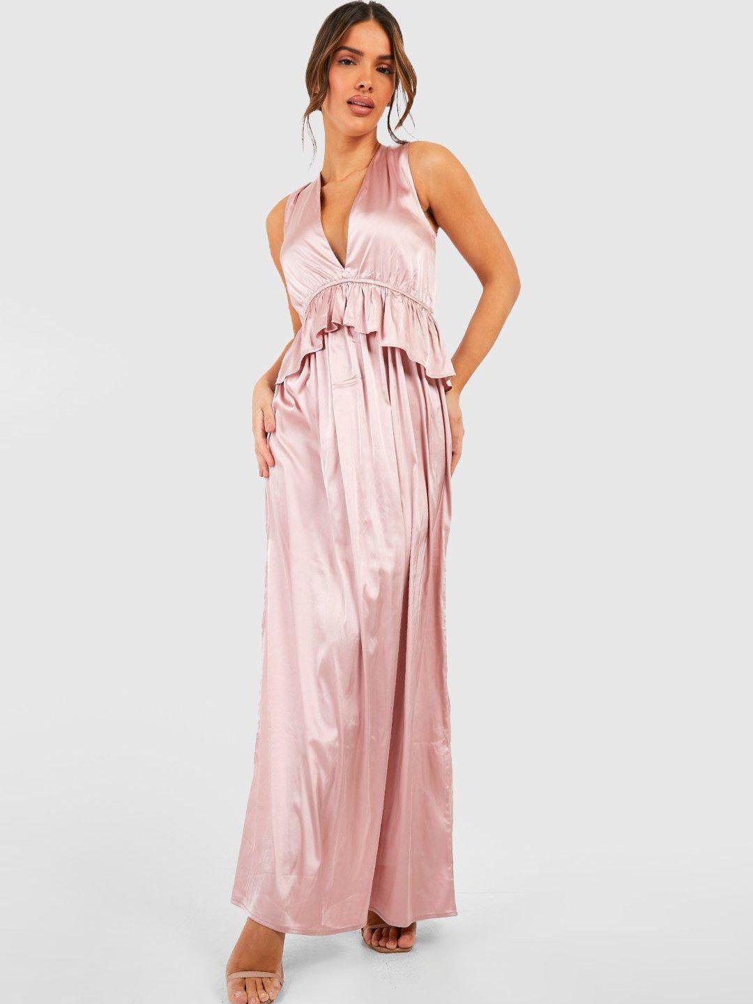 boohoo satin finish ruffled layered maxi dress