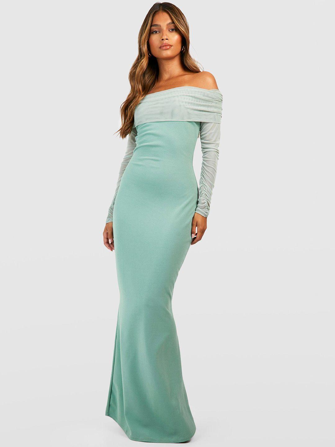 boohoo mesh off-shoulder bardot maxi dress