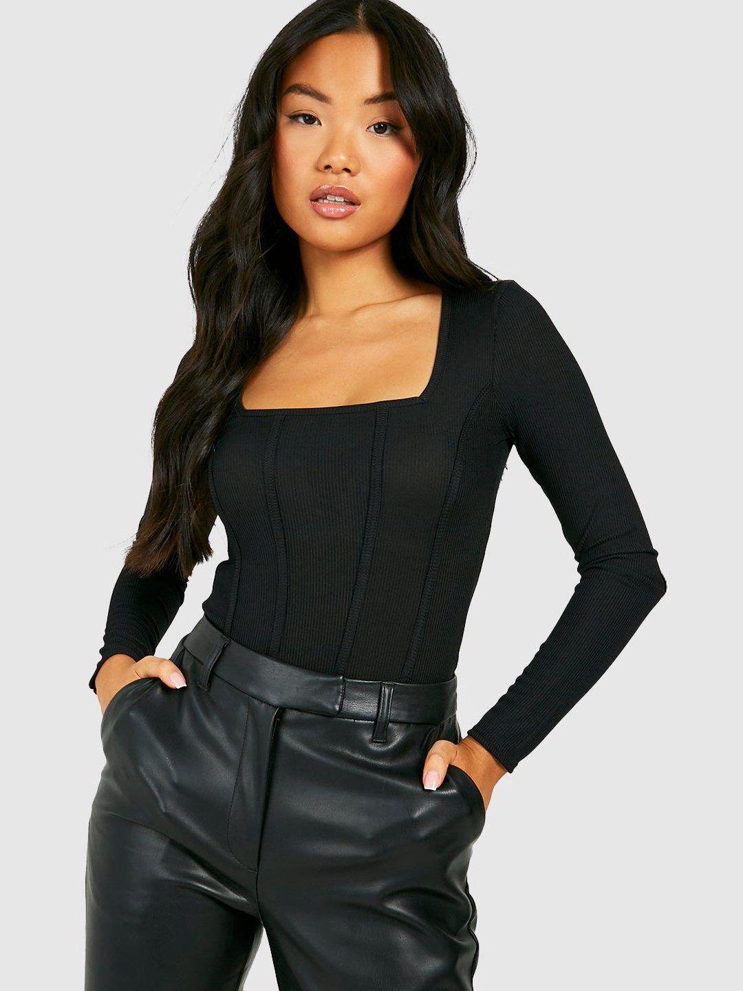 boohoo ribbed square neck full sleeves bodysuit