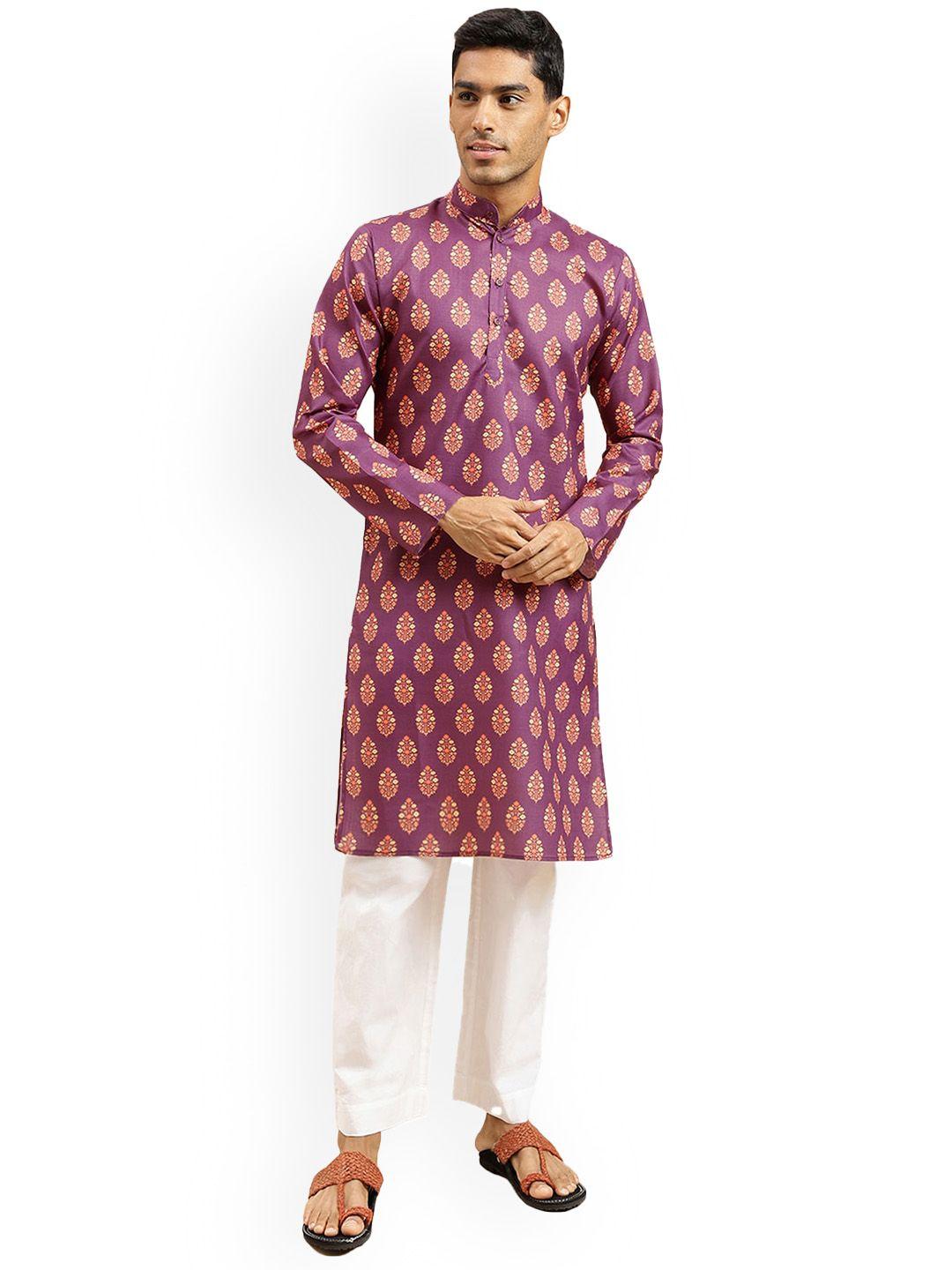 nimayaa ethnic motifs printed band collar cotton straight kurta