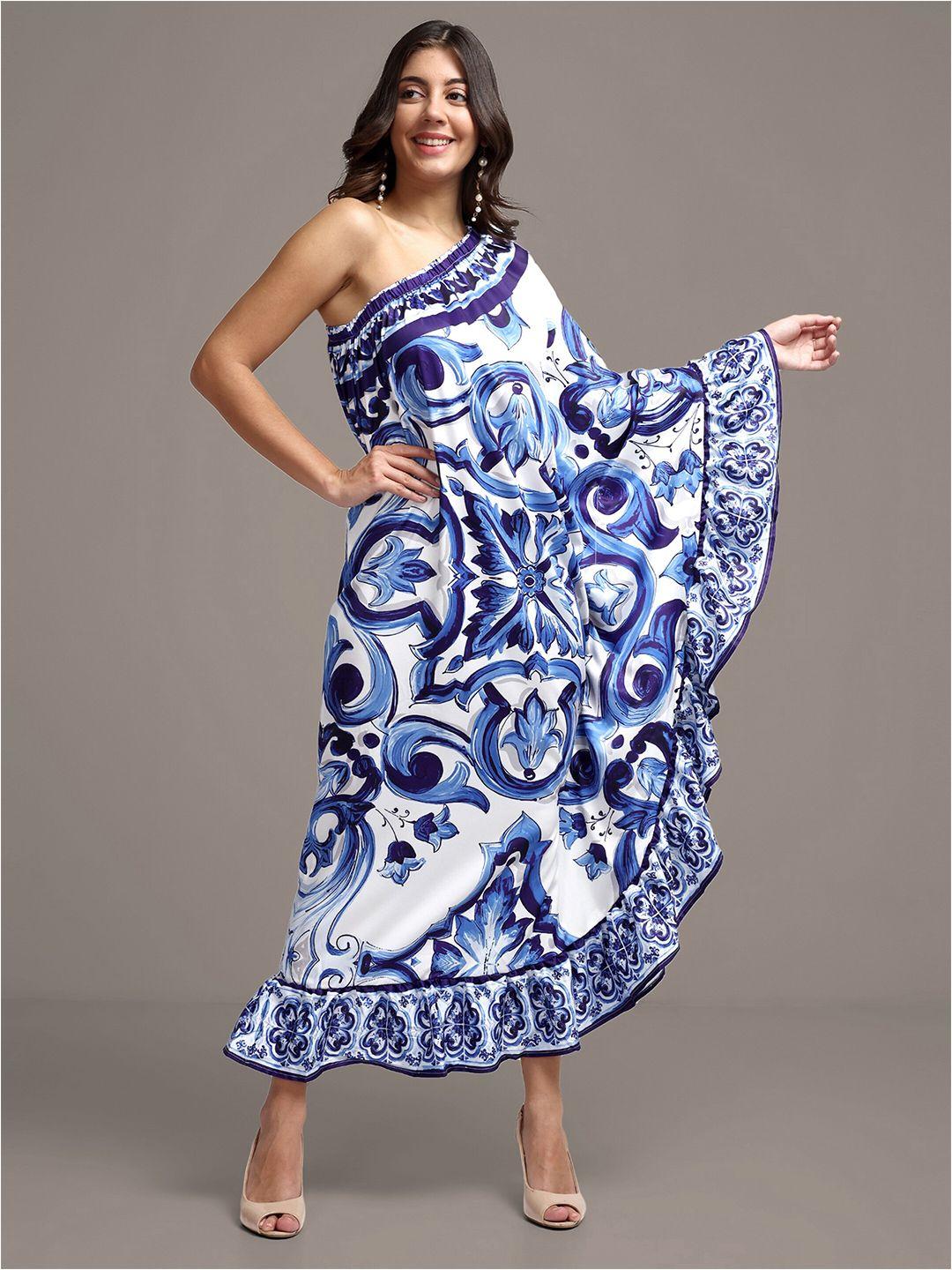 iki chic floral printed one shoulder ruffled satin maxi dress