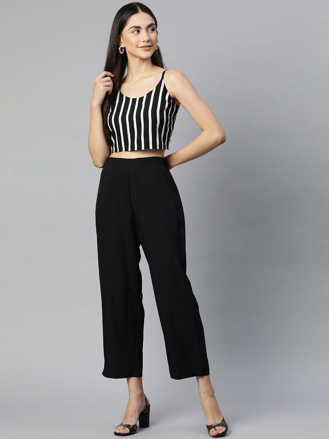 sleek italia striped shoulder straps smocked crop top & trouser