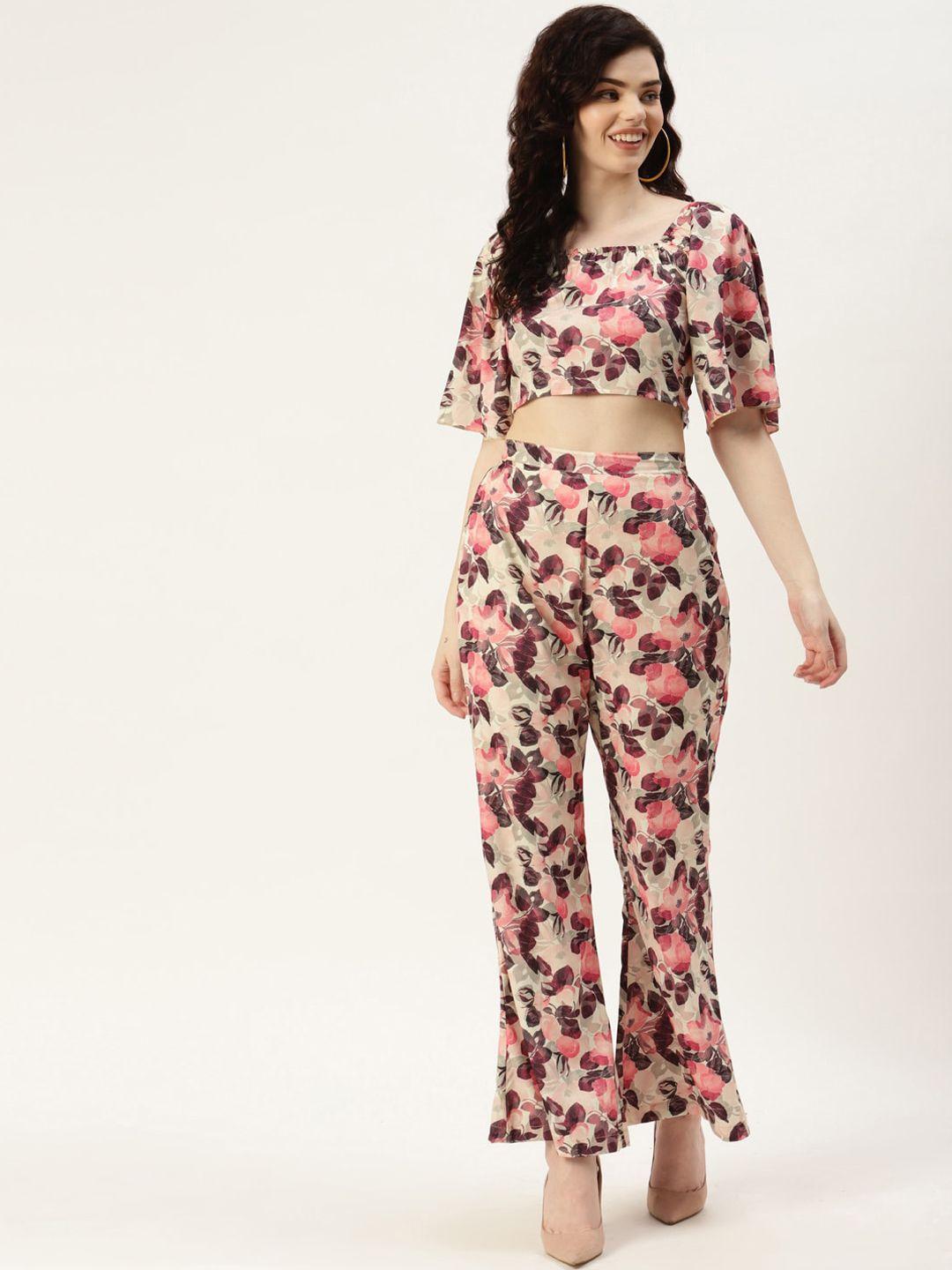 sleek italia floral printed square neck crop top & trousers