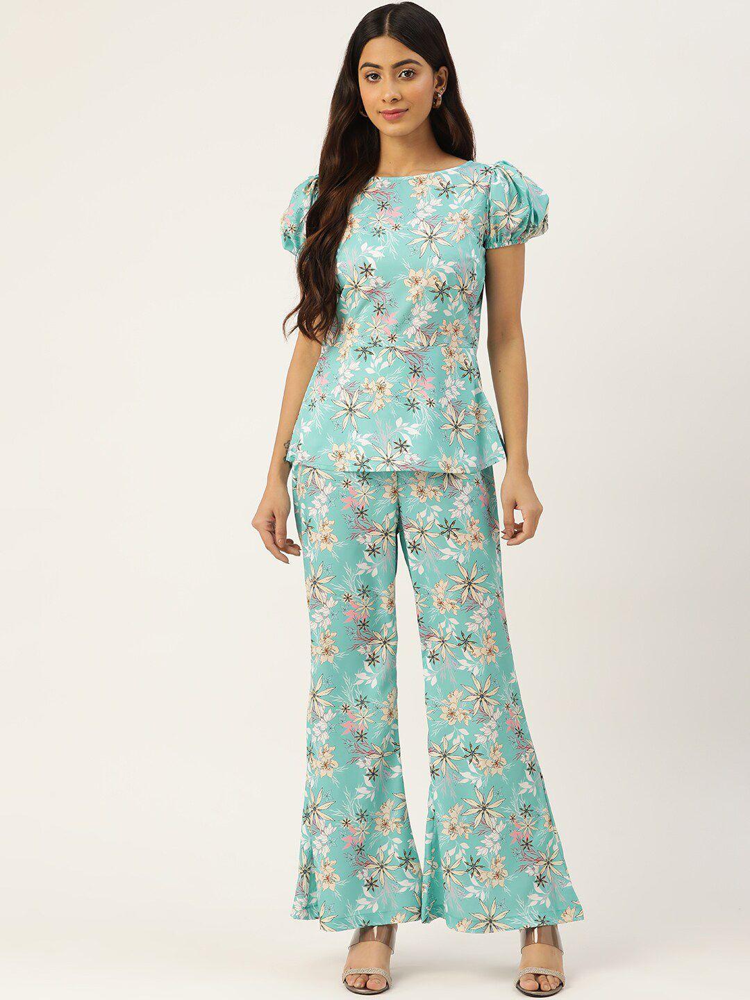 sleek italia floral printed top & bell bottom trousers