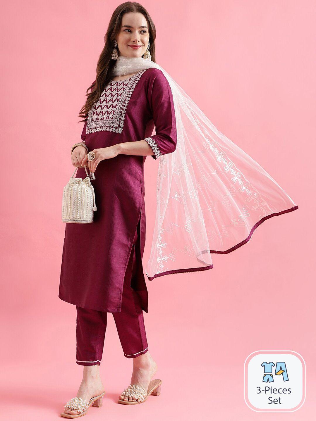 pptoss ethnic motifs sequinned yoke design regular kurta with trousers & dupatta