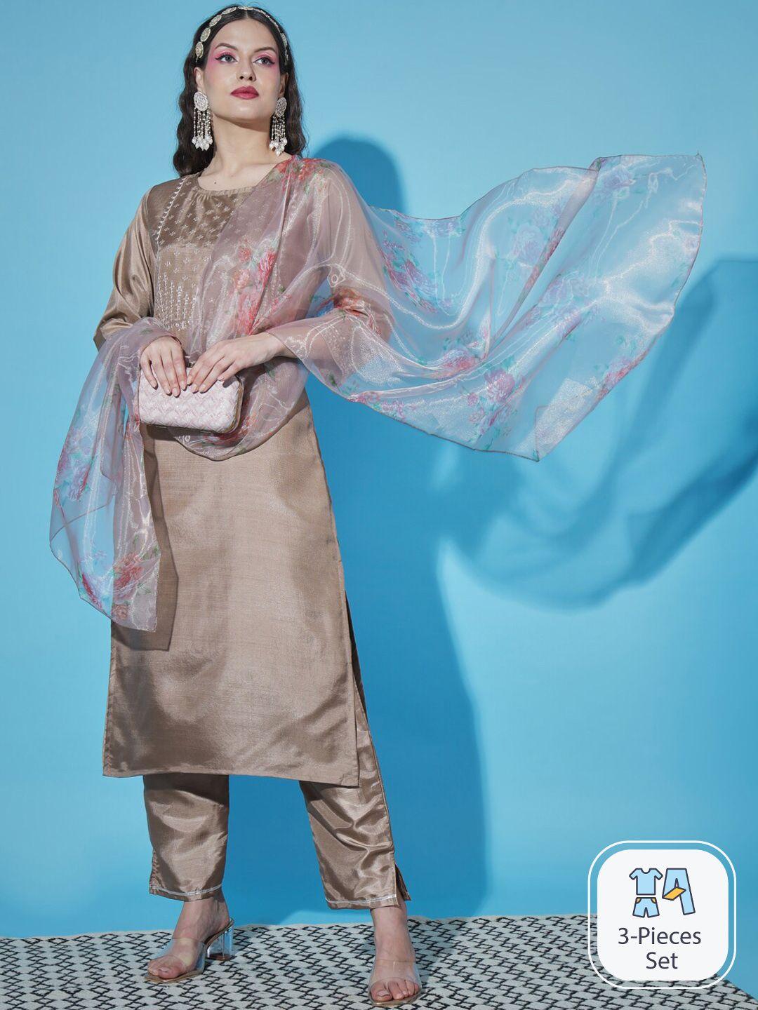 pptoss floral embroidered regular kurta with trousers & with dupatta