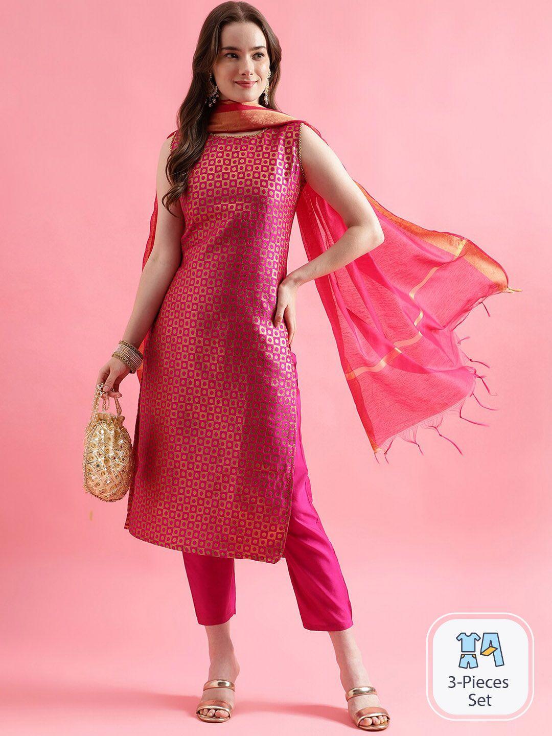 pptoss geometric printed straight kurta & trousers with dupatta