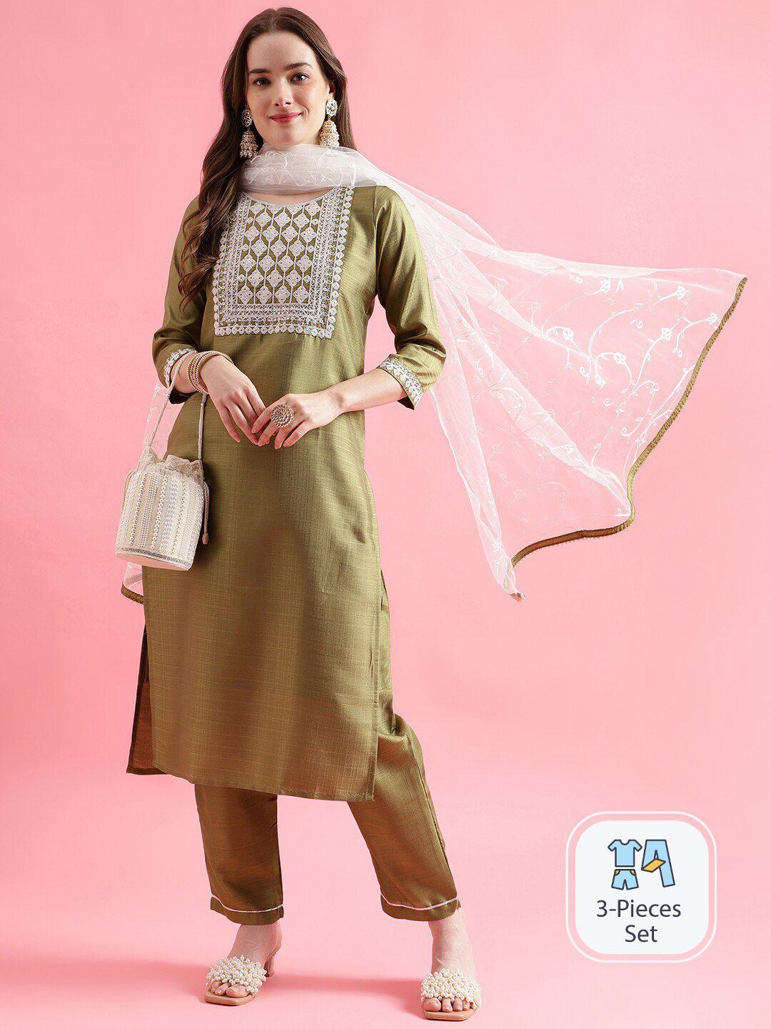 pptoss ethnic embroidered sequinned straight kurta with trousers & dupatta