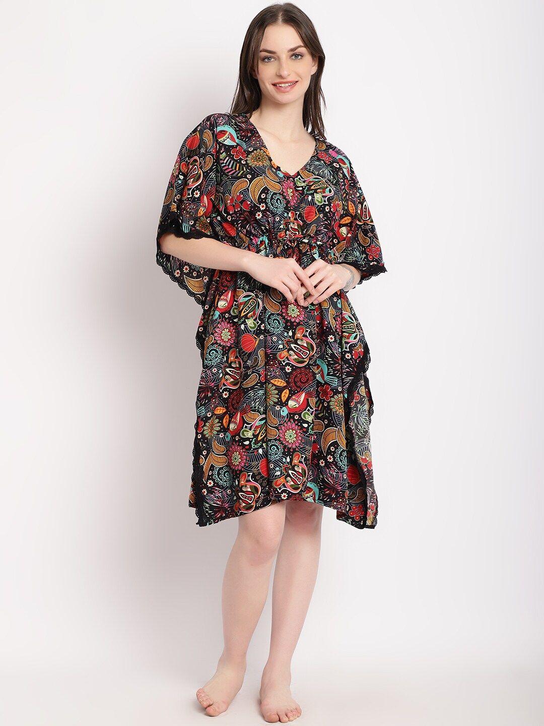 erotissch ethnic motifs printed v-neck kaftan nightdress