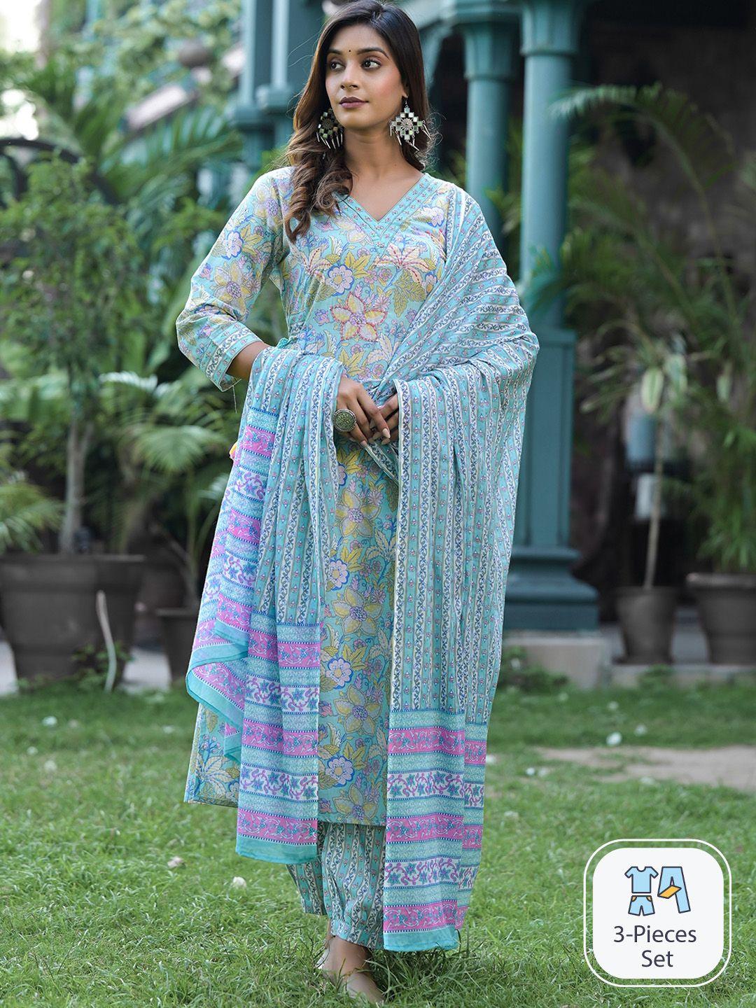 ishin ethnic motifs printed pure cotton a-line kurta with trousers & dupatta