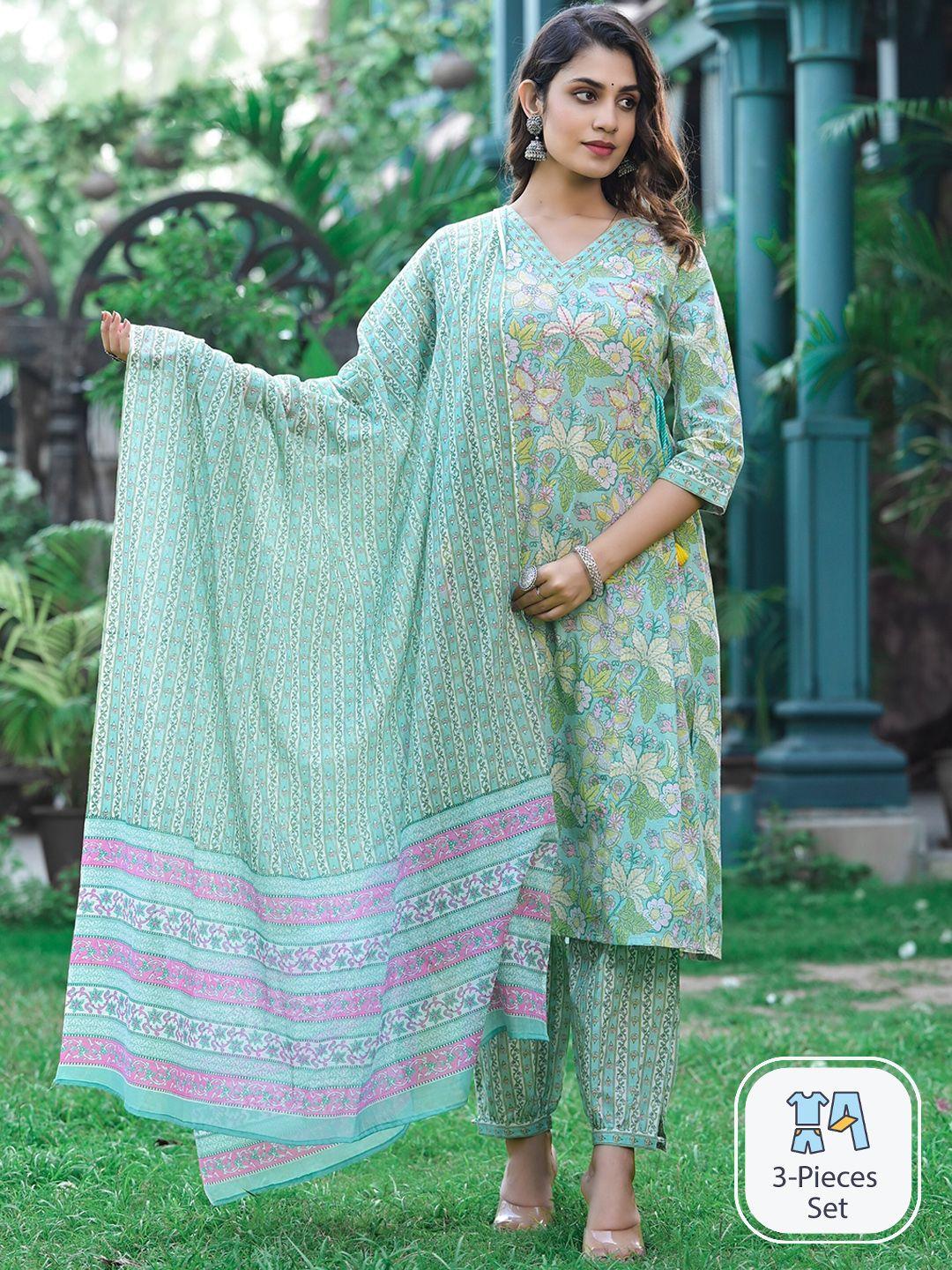 ishin ethnic printed sequinned pure cotton a-line kurta with trousers & dupatta