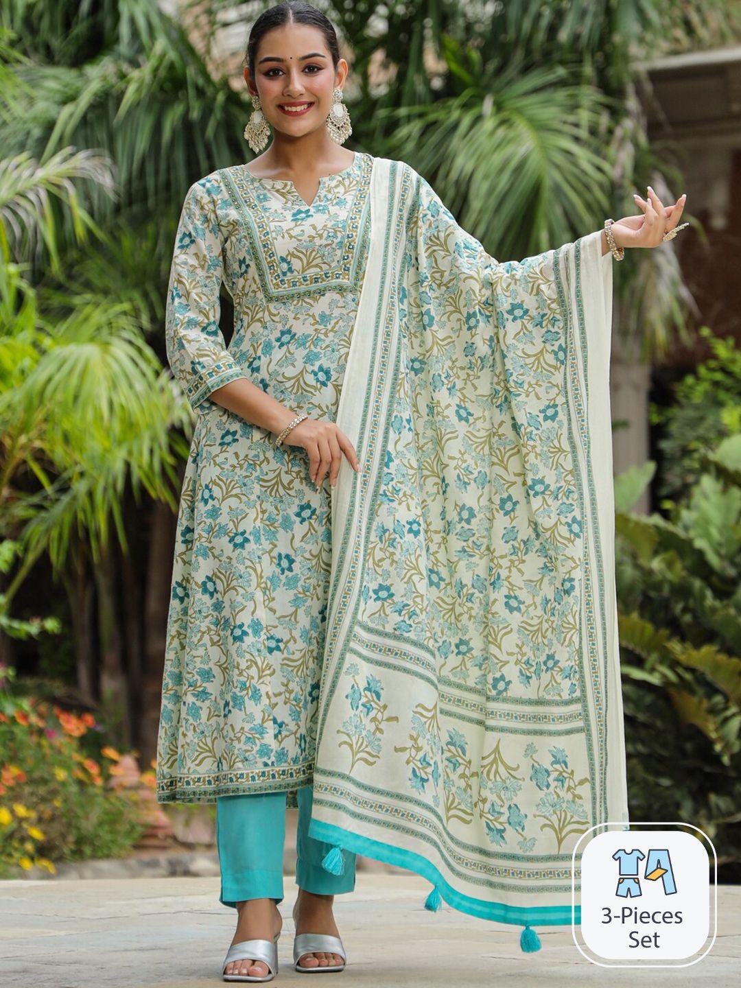 rain & rainbow floral printed sequinned a-line pure cotton kurta with trousers & dupatta