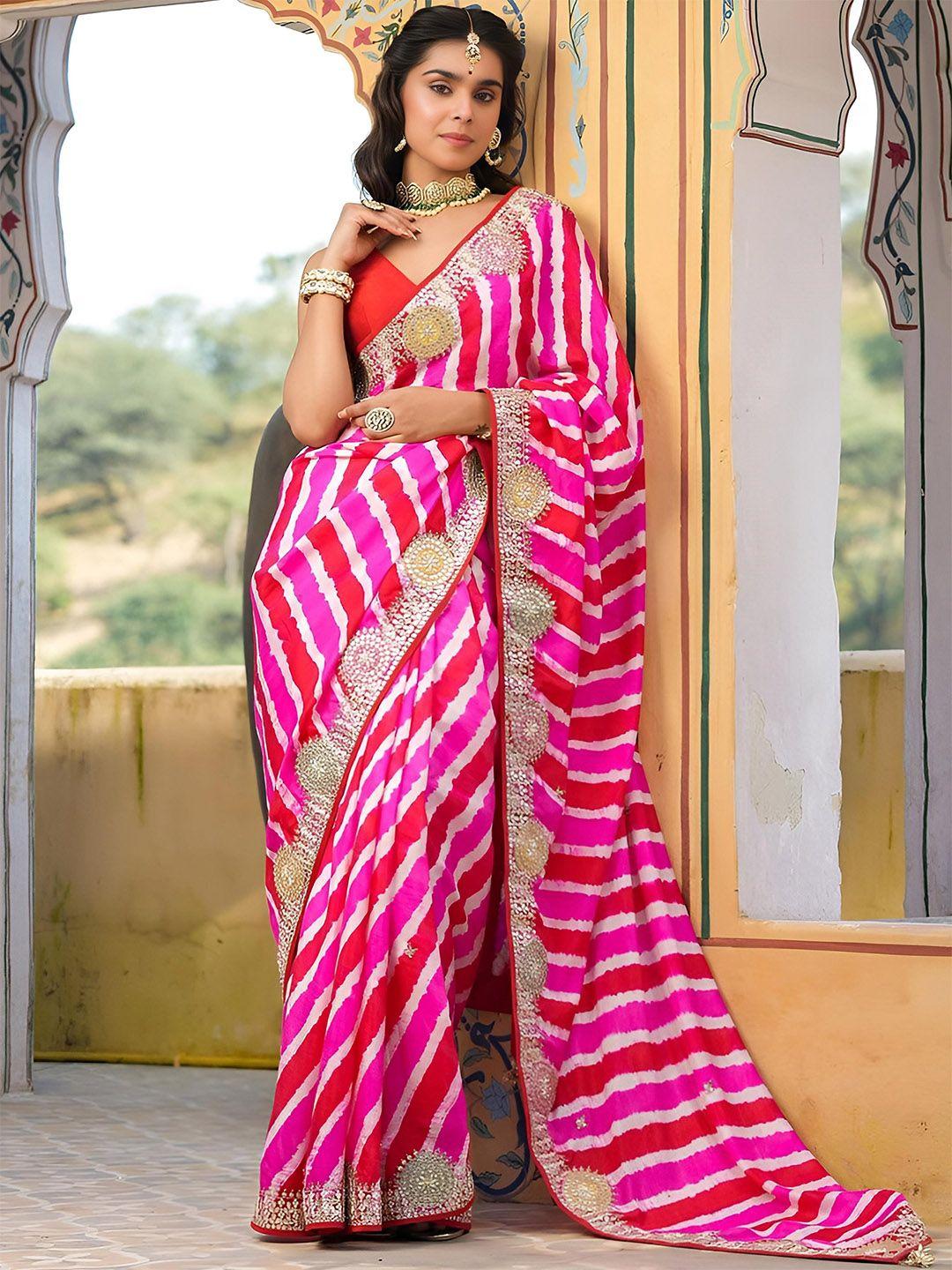 anouk pink & gold-toned leheriya printed sequinned saree