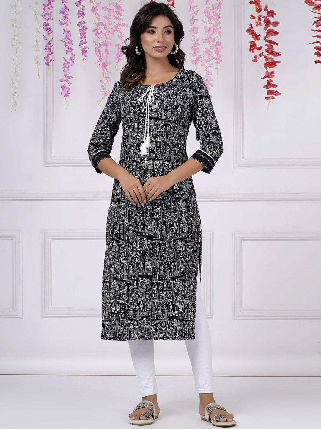 parchhai tribal printed tie-up neck pure cotton straight kurta