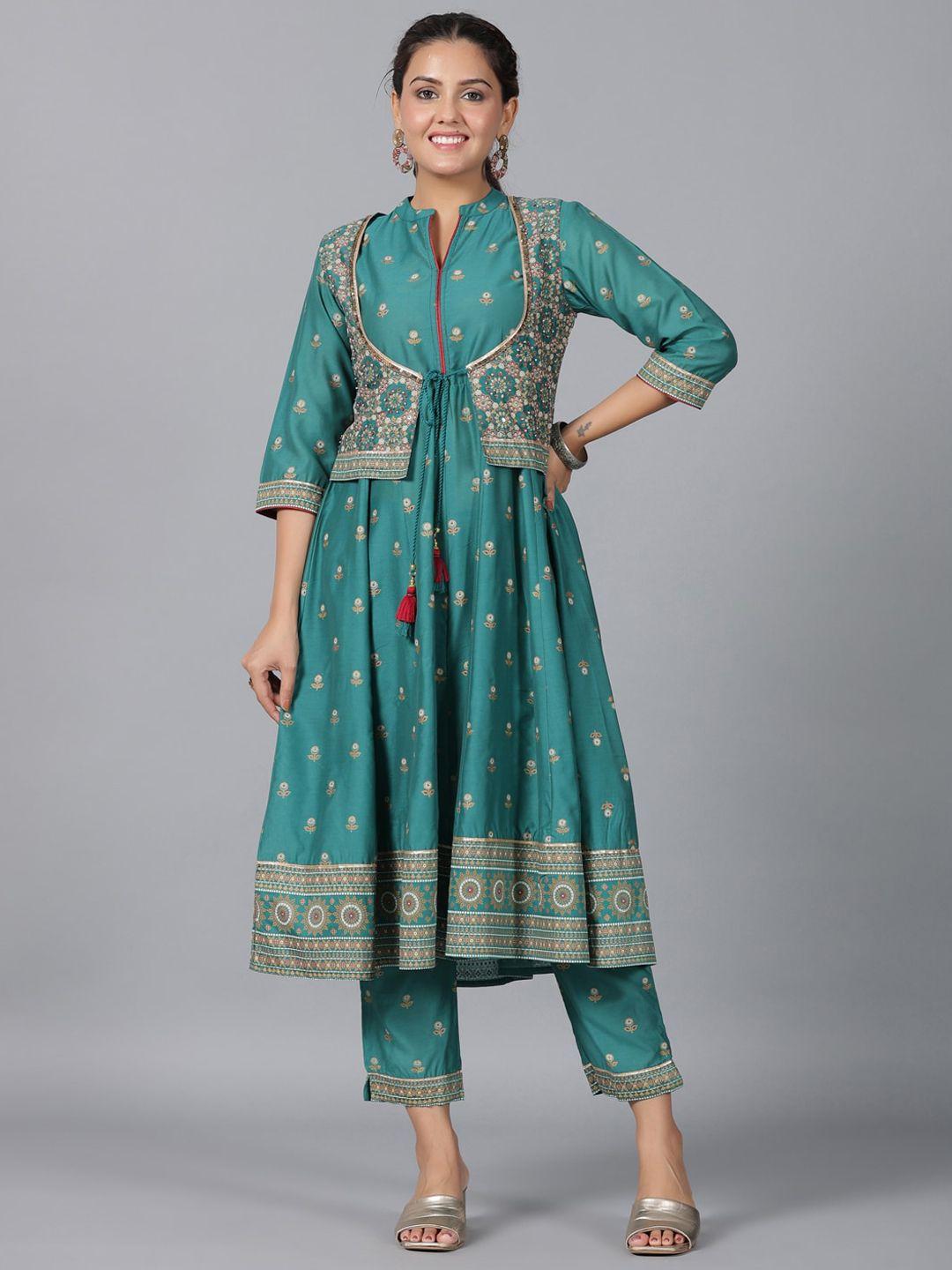 juniper ethnic motifs printed beads and stones chanderi silk kurta with trousers & jacket