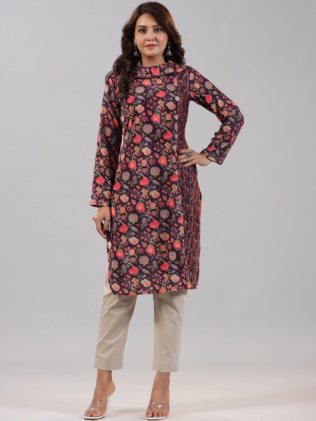 juniper floral printed stylised neck velvet straight kurta