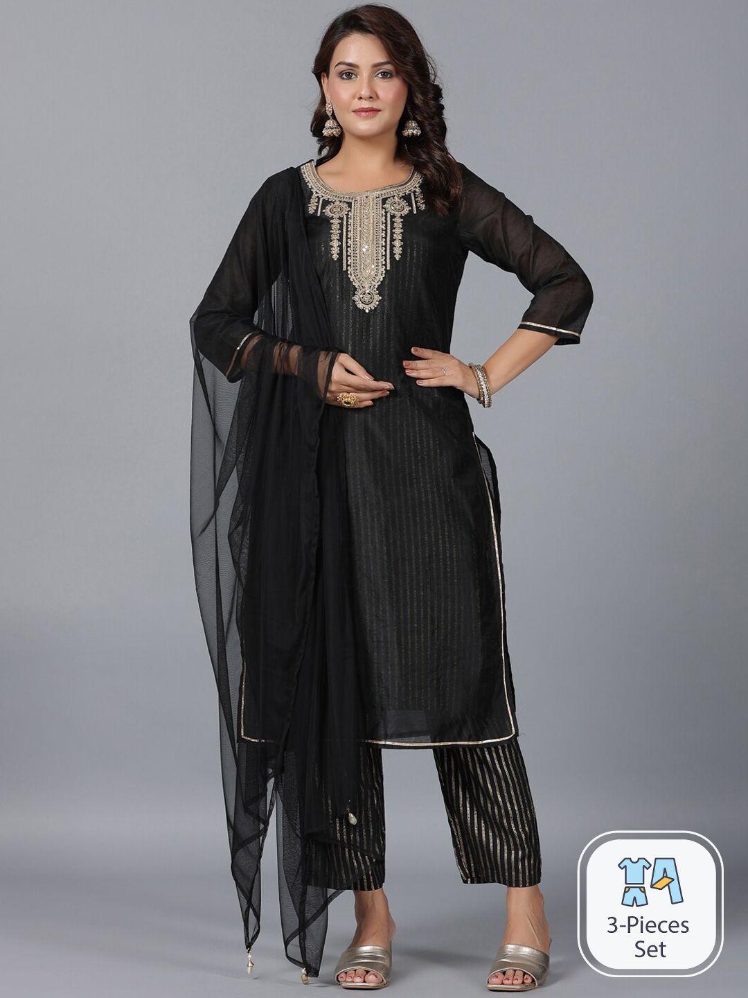 juniper striped sequinned straight kurta & trousers with dupatta