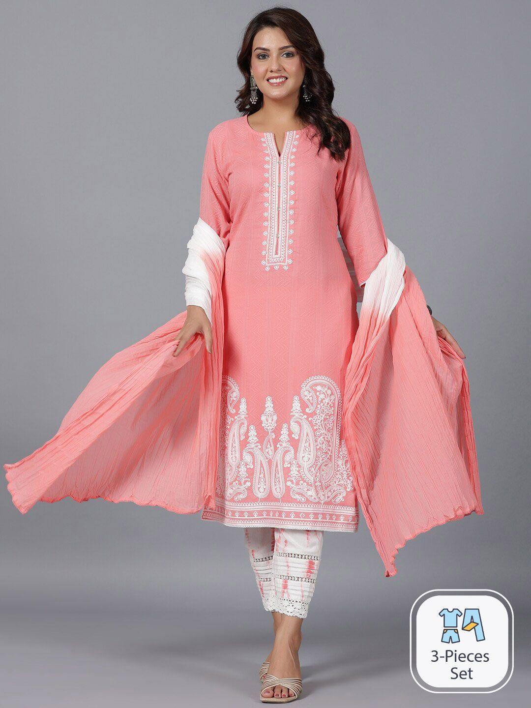 juniper ethnic motifs embroidered pure cotton kurta with trousers & dupatta