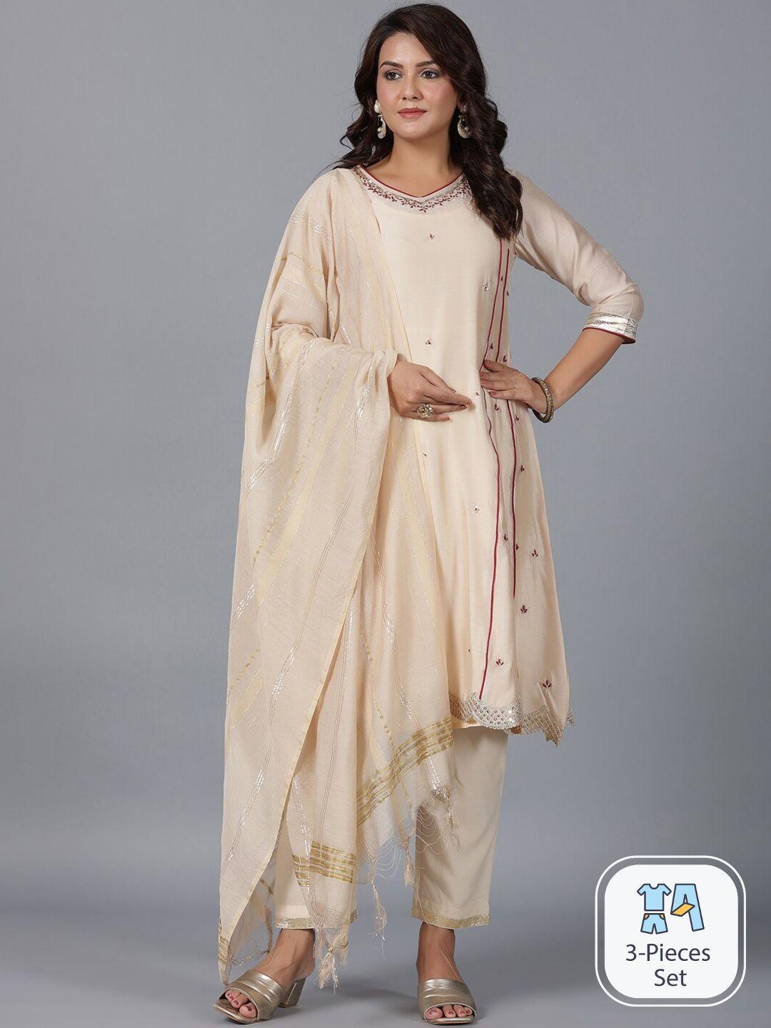 juniper ethnic motifs embroidered sequinned chanderi cotton kurta with trousers & dupatta