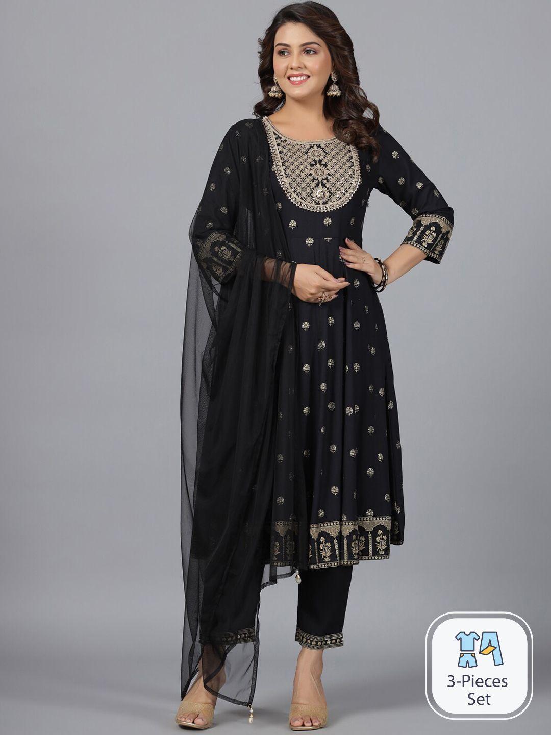 juniper floral printed thread work anarkali kurta & trousers with dupatta