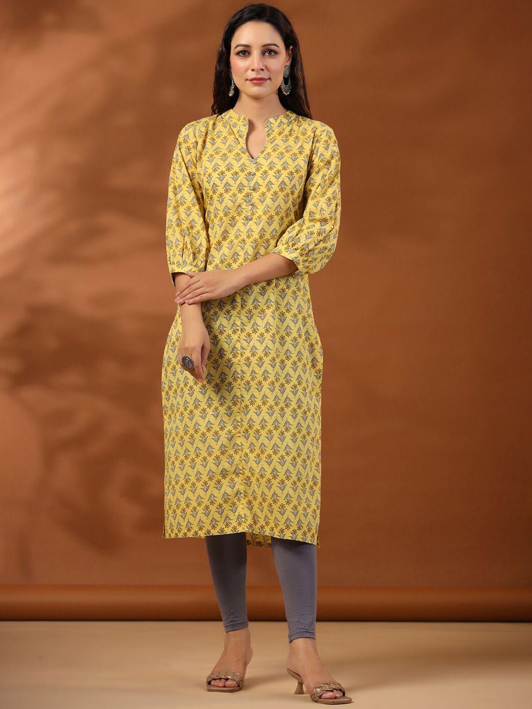 jaipur kurti ethnic motifs printed band collar puff sleeves straight kurta