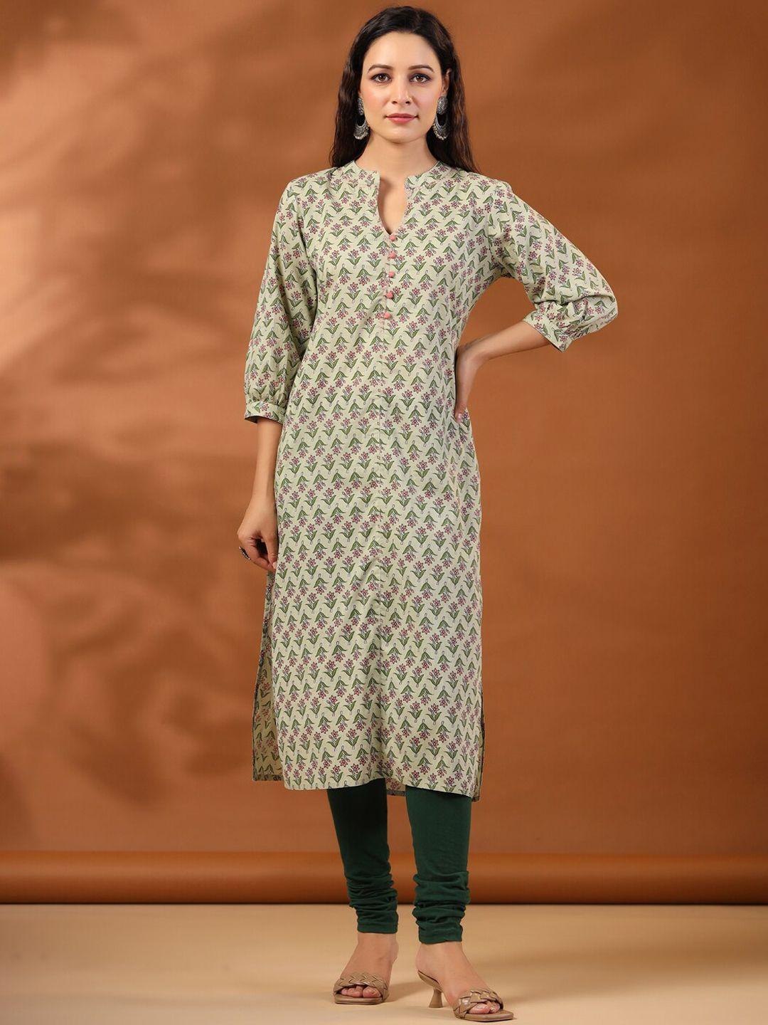 jaipur kurti ethnic motifs printed band collar puff sleeves straight kurta