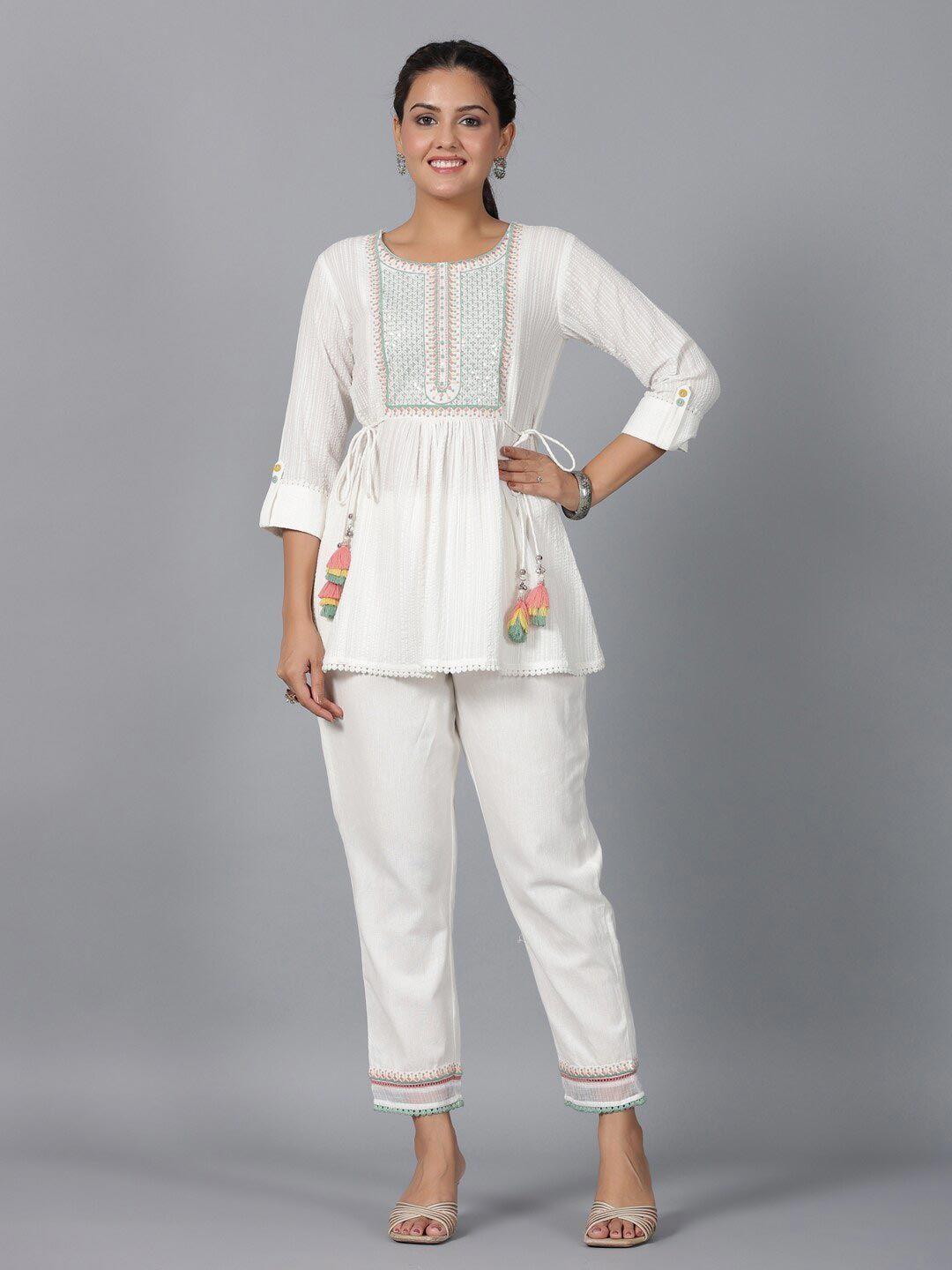 juniper embroidered round neck three-quarter sleeve co-ords set