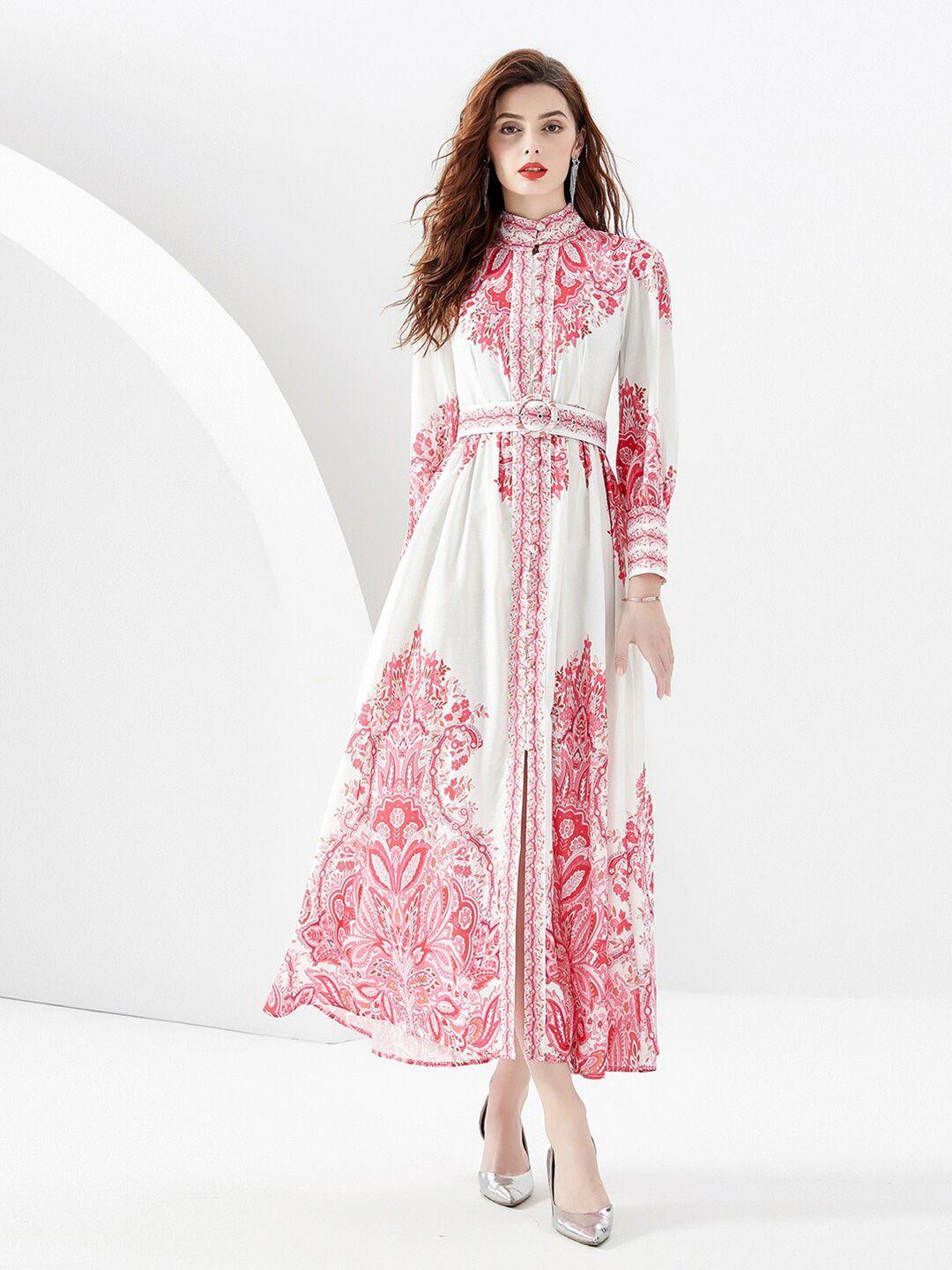 jc collection ethnic motifs printed belted mock neck maxi fit & flare dress