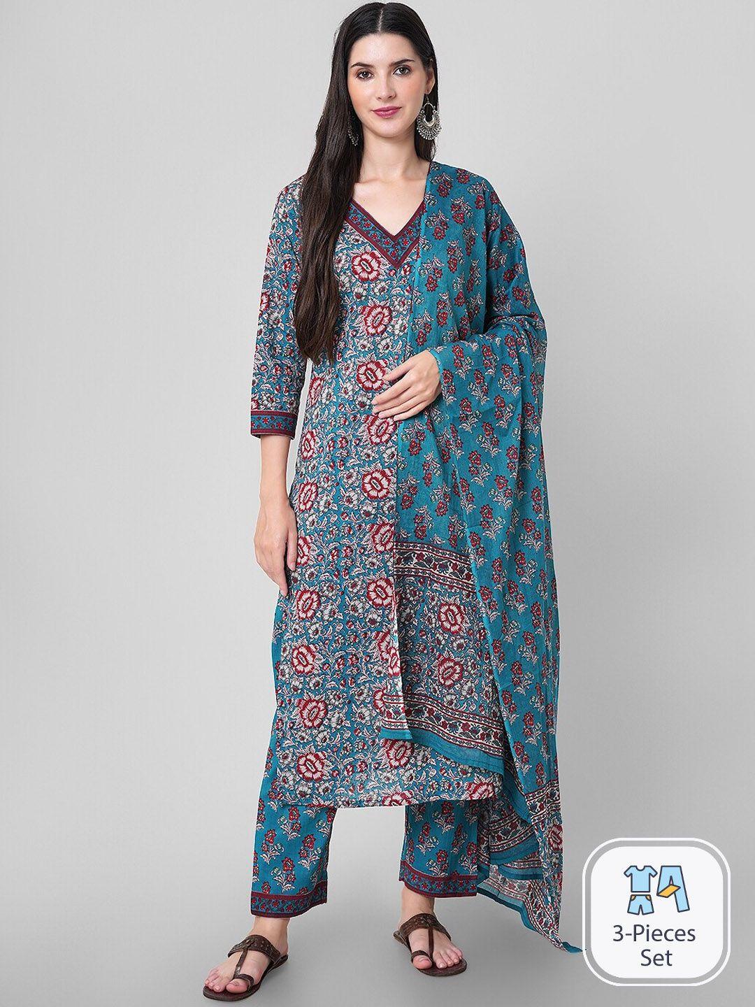 arayna floral printed pure cotton kurta with trousers & dupatta