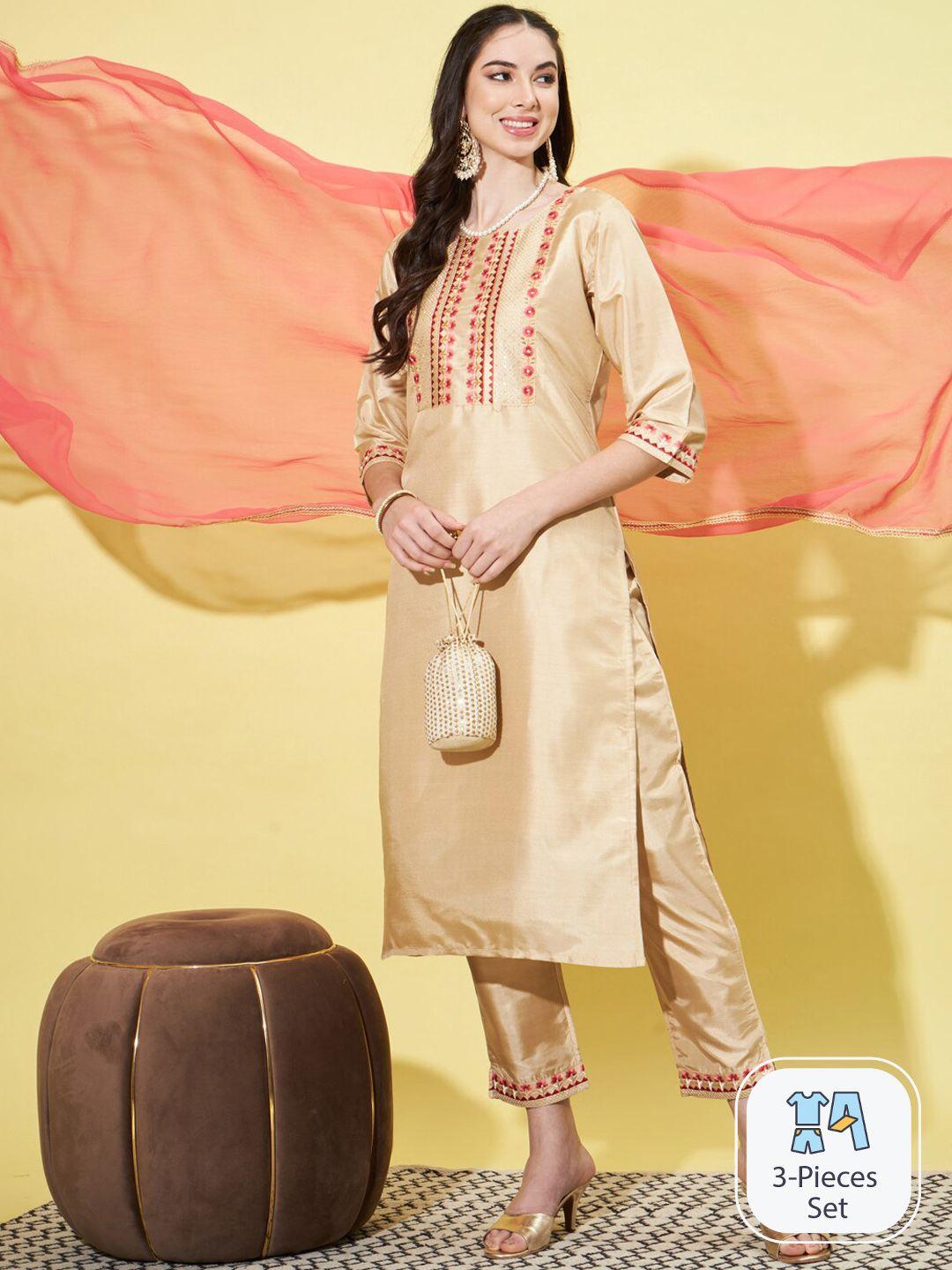 pptoss floral embroidered thread work kurta with trousers & dupatta