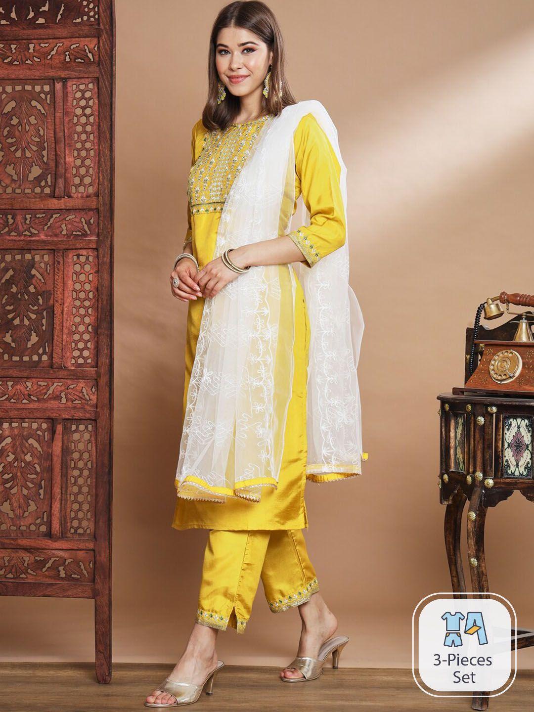 pptoss floral embroidered thread work kurta with trousers & dupatta