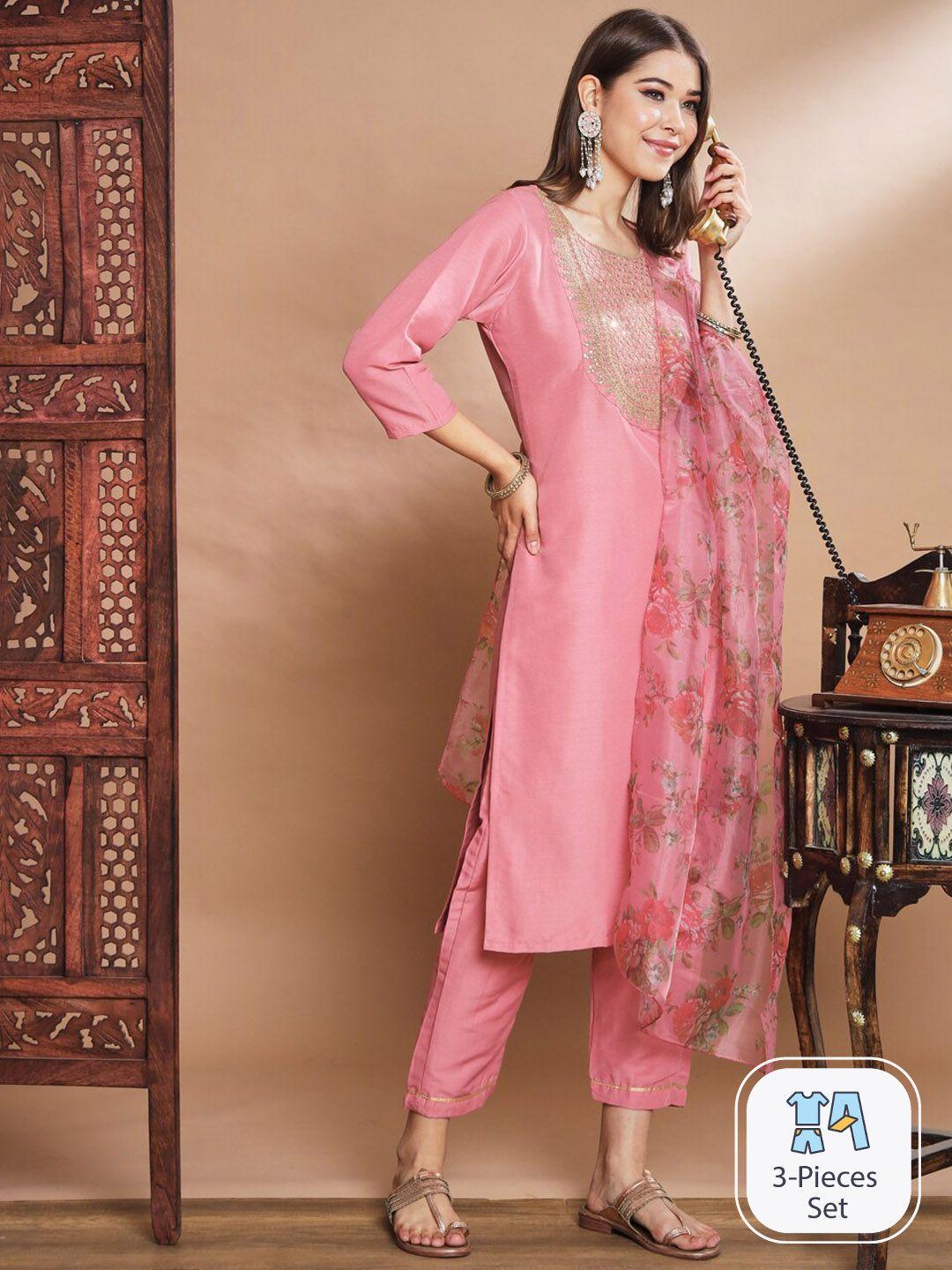 pptoss floral embroidered thread work kurta with trousers & dupatta