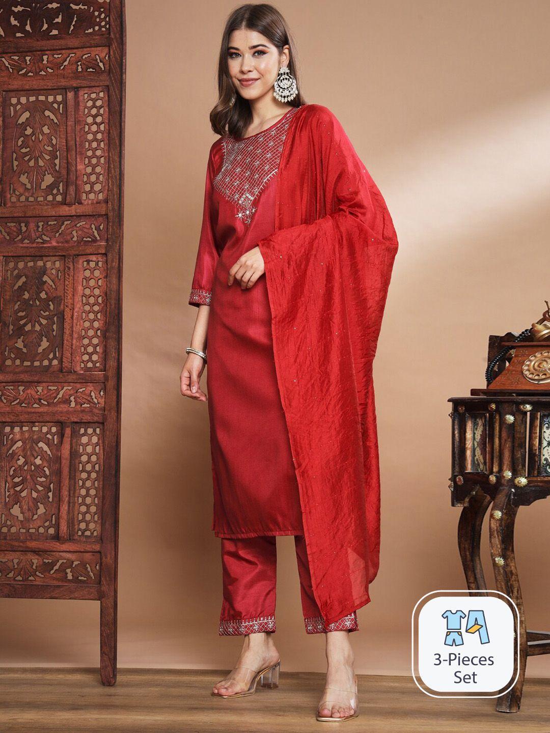 pptoss floral embroidered thread work kurta with trousers & dupatta