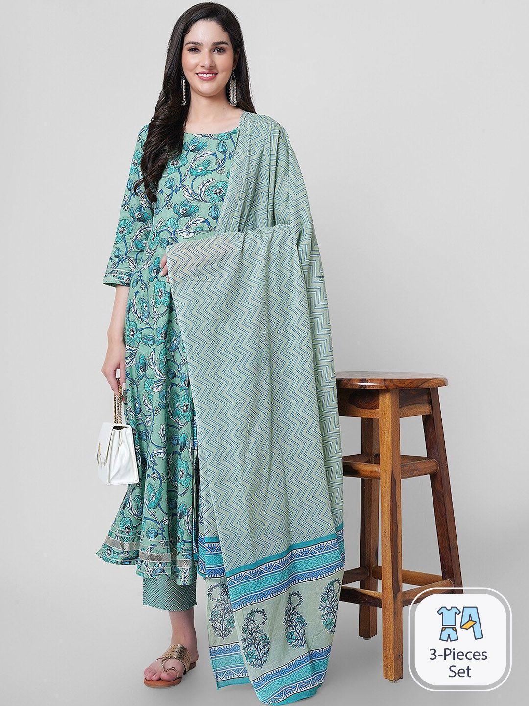 kalini floral printed gotta patti pure cotton anarkali kurta with trousers & with dupatta