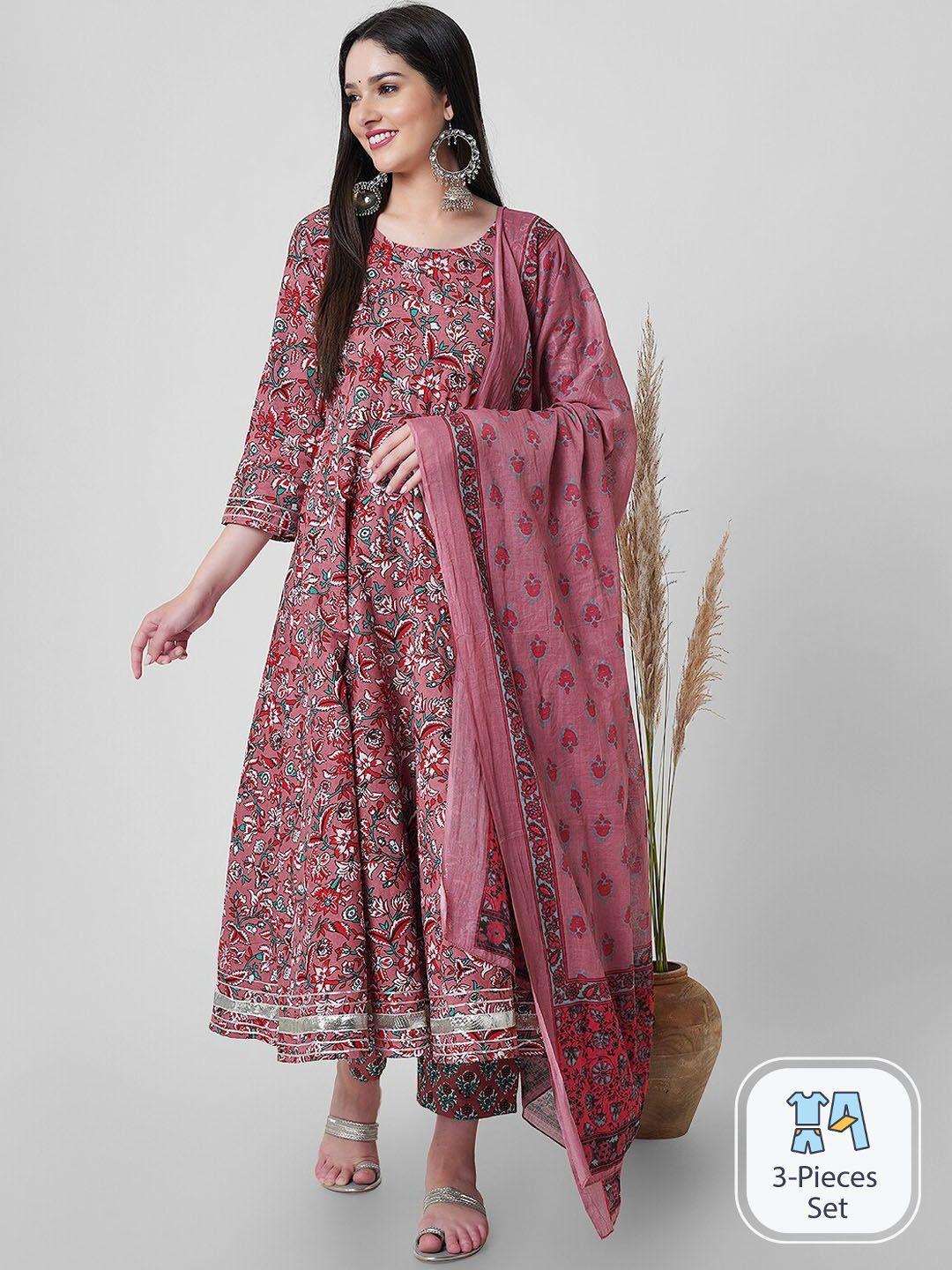 kalini floral printed gotta patti pure cotton anarkali kurta with trousers & dupatta