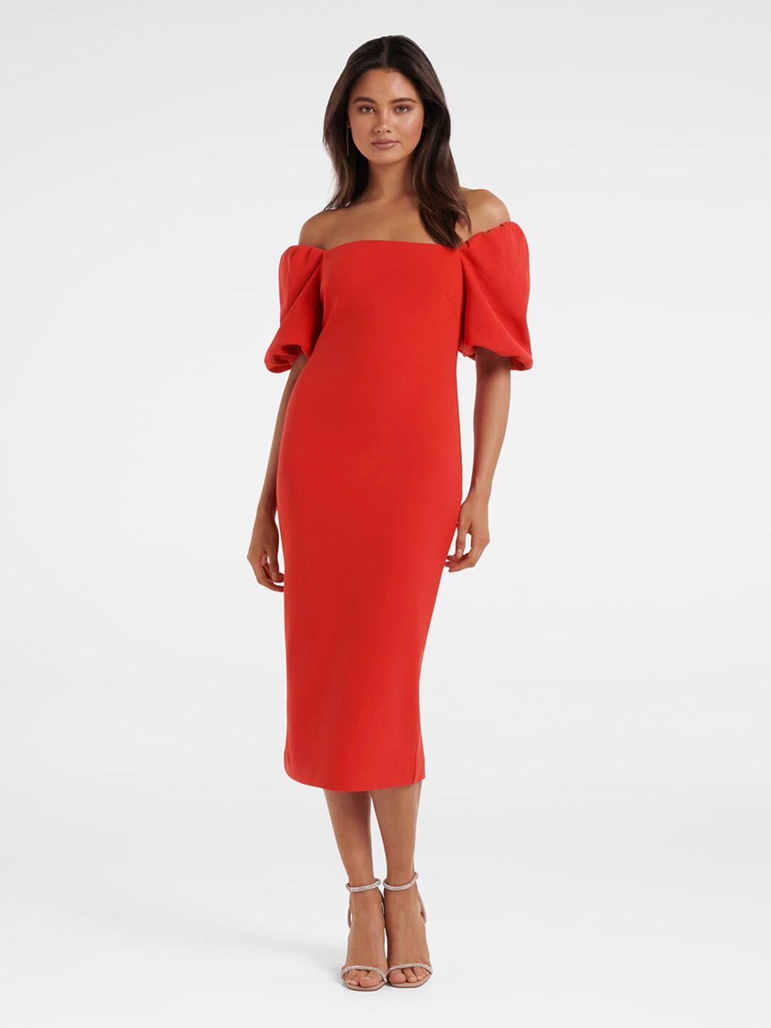 forever new off-shoulder puff sleeves crepe sheath midi dress