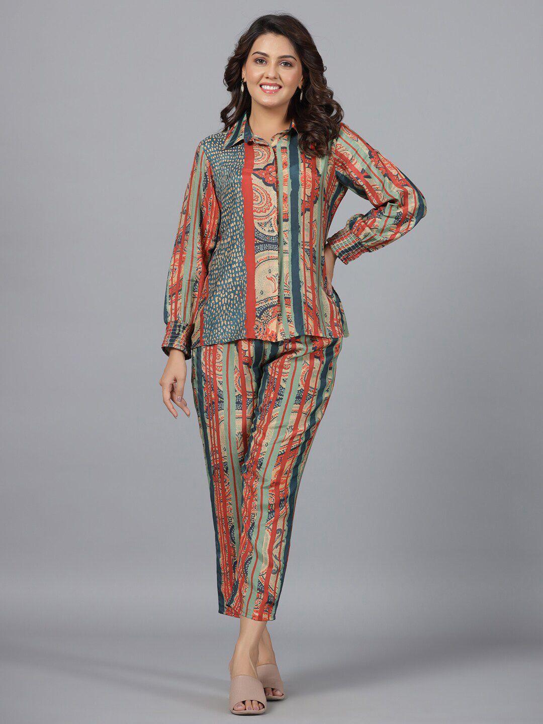 juniper ethnic printed shirt collar puff sleeve muslin co-ords