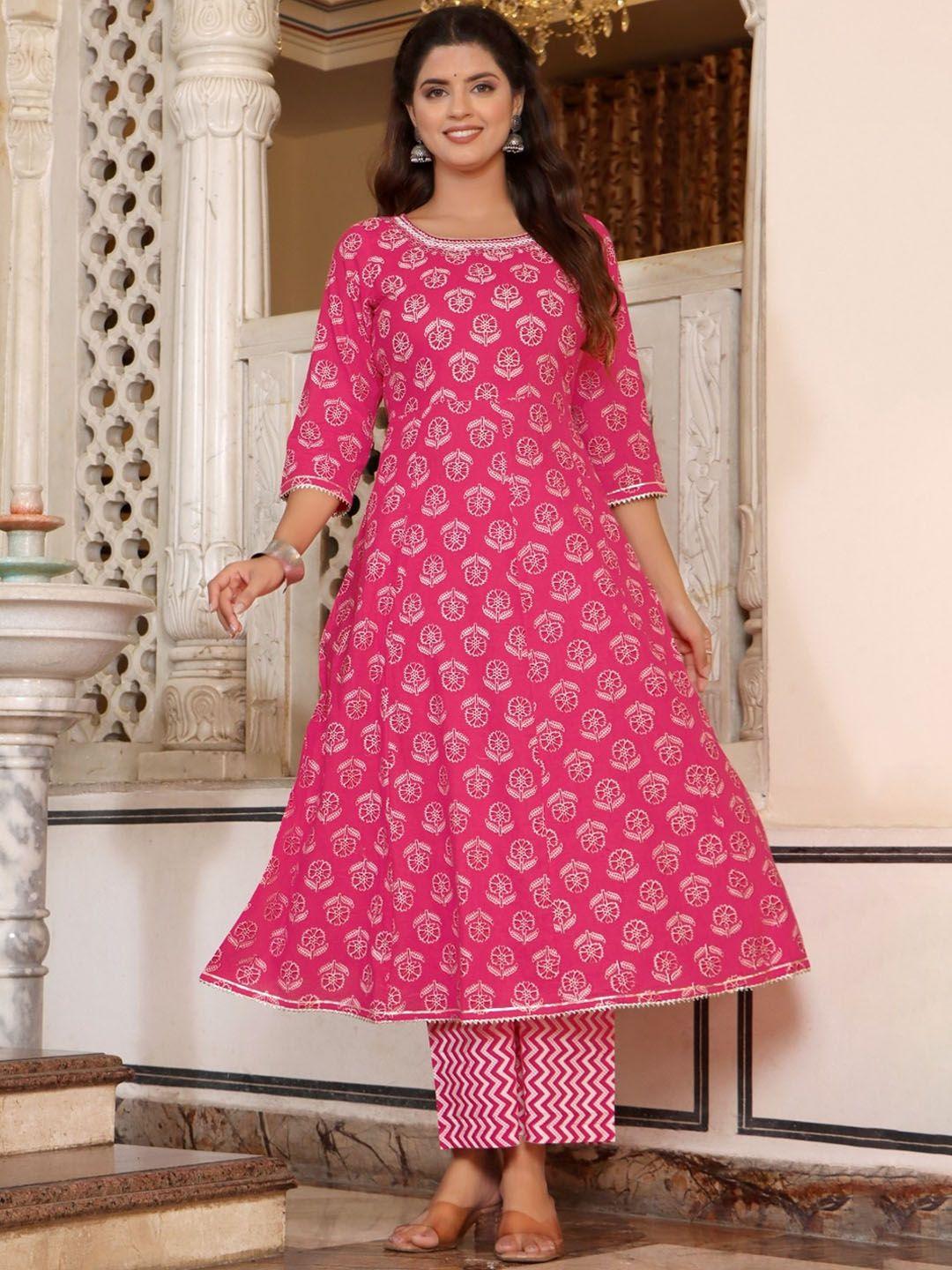 sangria floral printed mirror work pure-cotton anarkali kurta with palazzo & dupatta