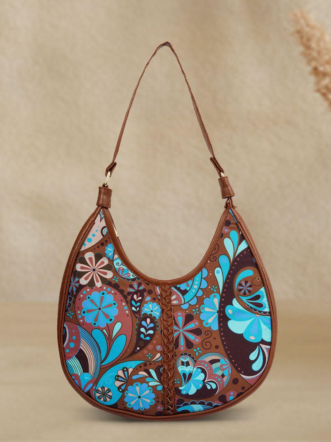 anouk brown & blue ethnic motifs printed leather half moon hobo bag