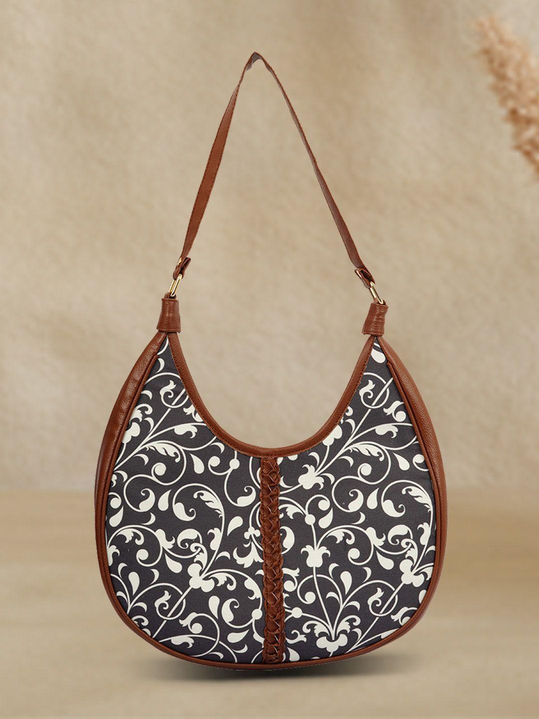 anouk brown & off white ethnic motifs printed leather half moon hobo bag