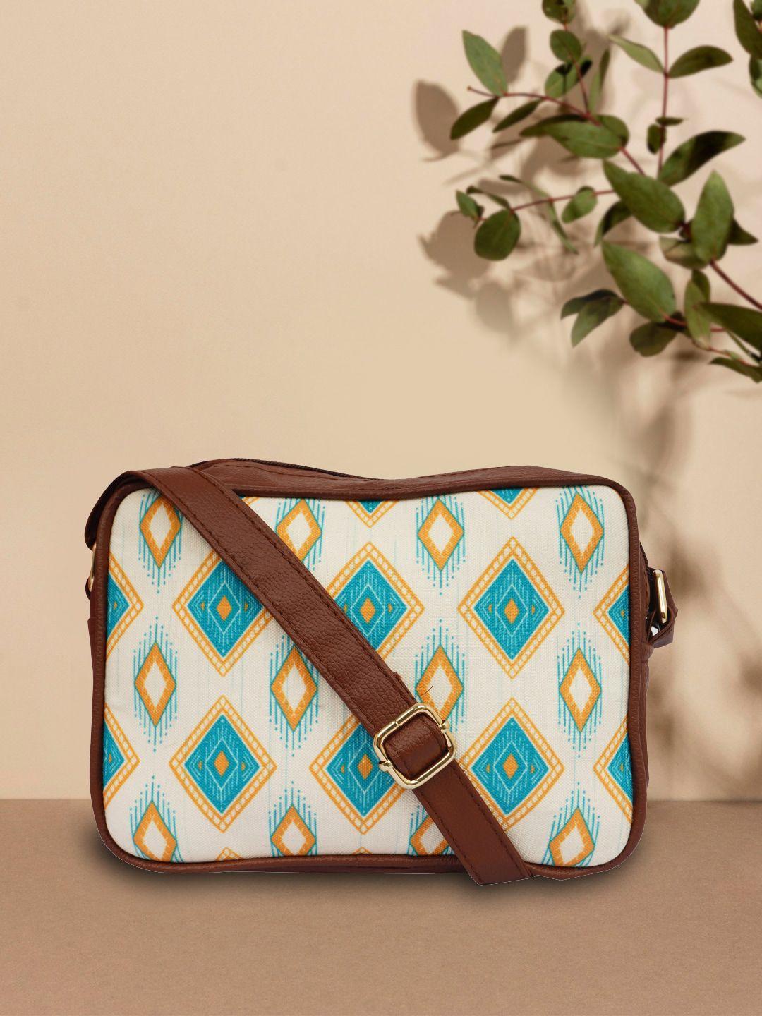 anouk off white & blue geometric printed pu structured sling bag