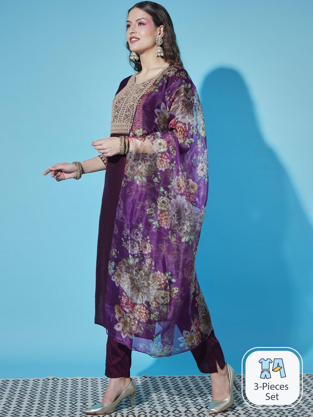 pptoss ethnic motifs yoke design thread work regular kurta with trousers & with dupatta