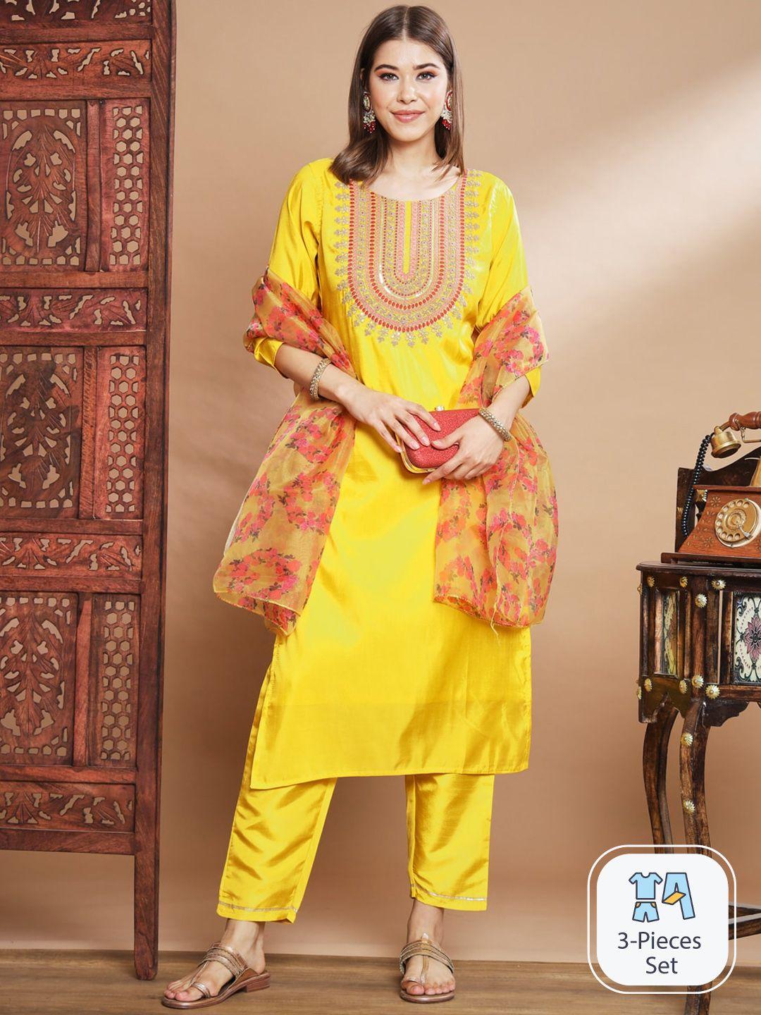 pptoss floral yoke design regular sequinned kurta with trousers & dupatta